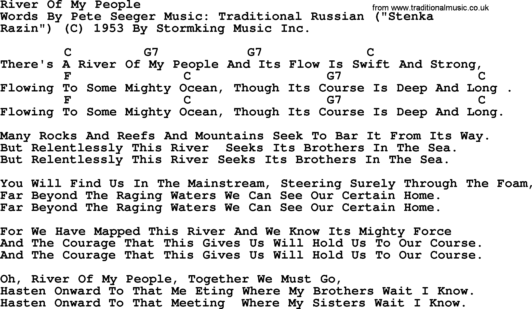 Pete Seeger song River Of My People, lyrics and chords