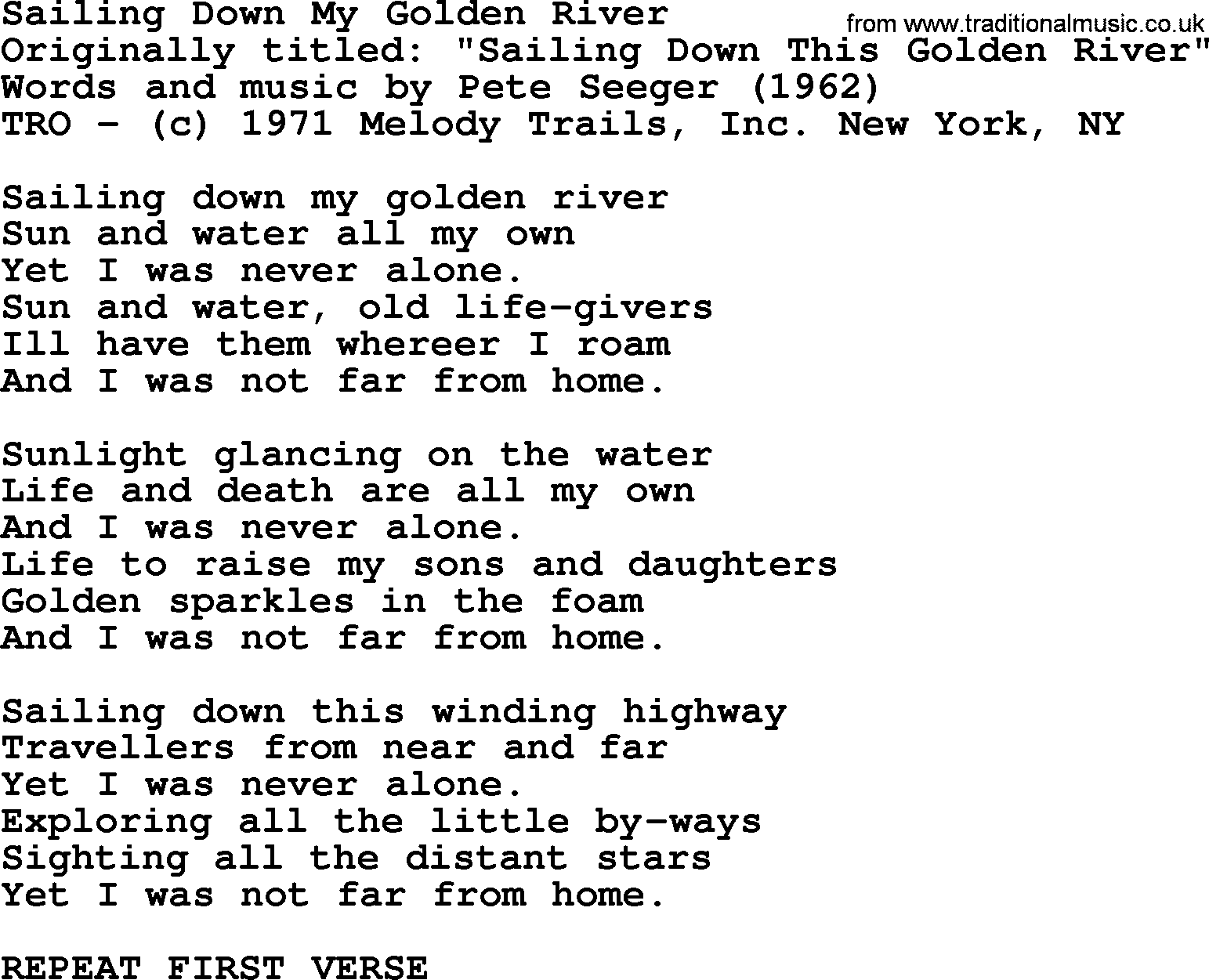 Pete Seeger song Sailing Down My Golden River-Pete-Seeger.txt lyrics