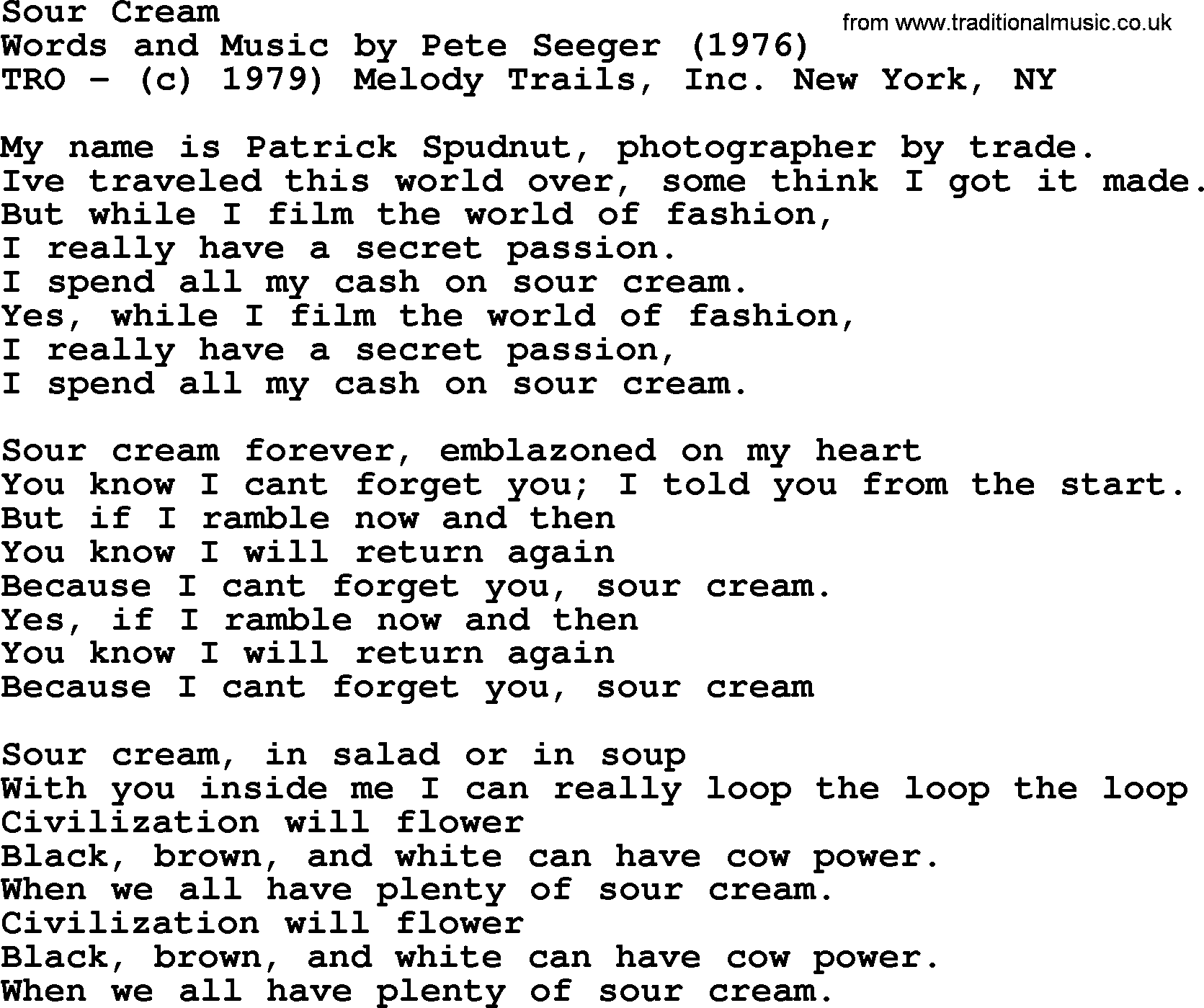 Pete Seeger song Sour Cream-Pete-Seeger.txt lyrics