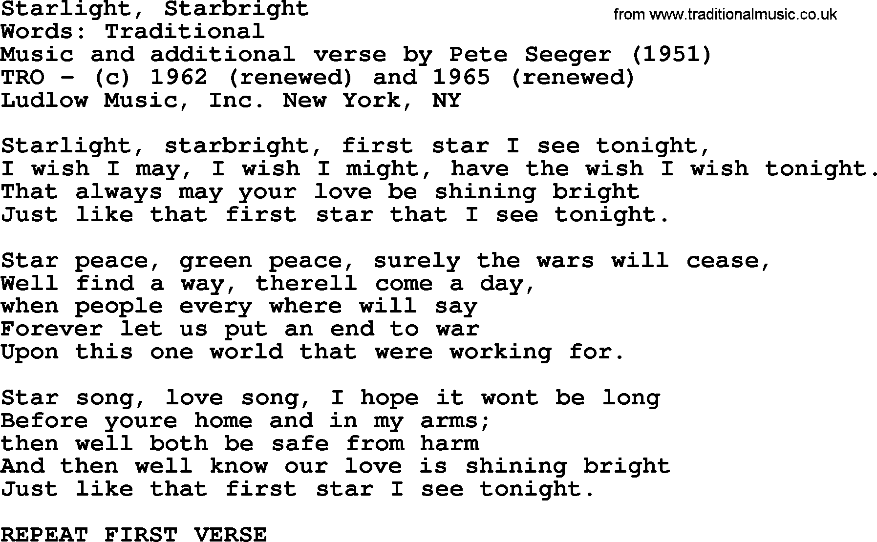 Pete Seeger song Starlight, Starbright-Pete-Seeger.txt lyrics