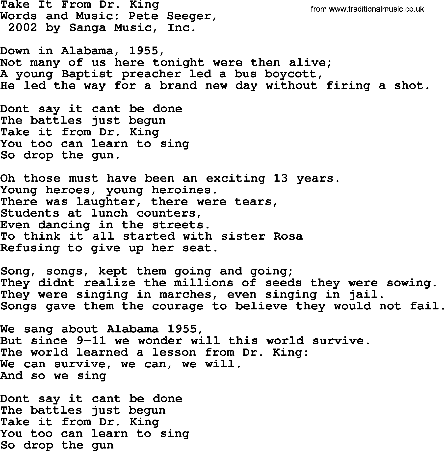 Pete Seeger song Take It From Dr. King-Pete-Seeger.txt lyrics
