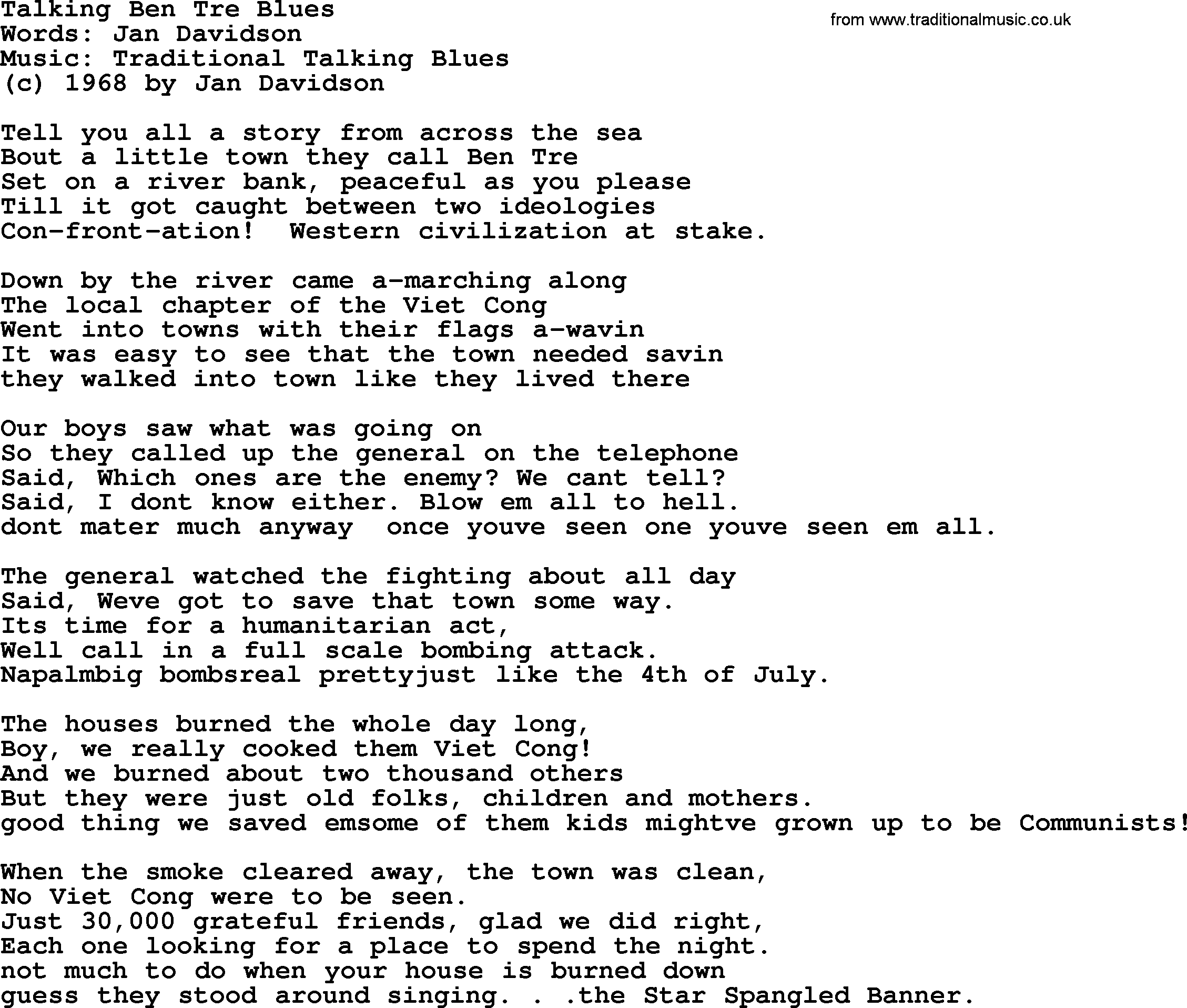 Pete Seeger song Talking Ben Tre Blues-Pete-Seeger.txt lyrics