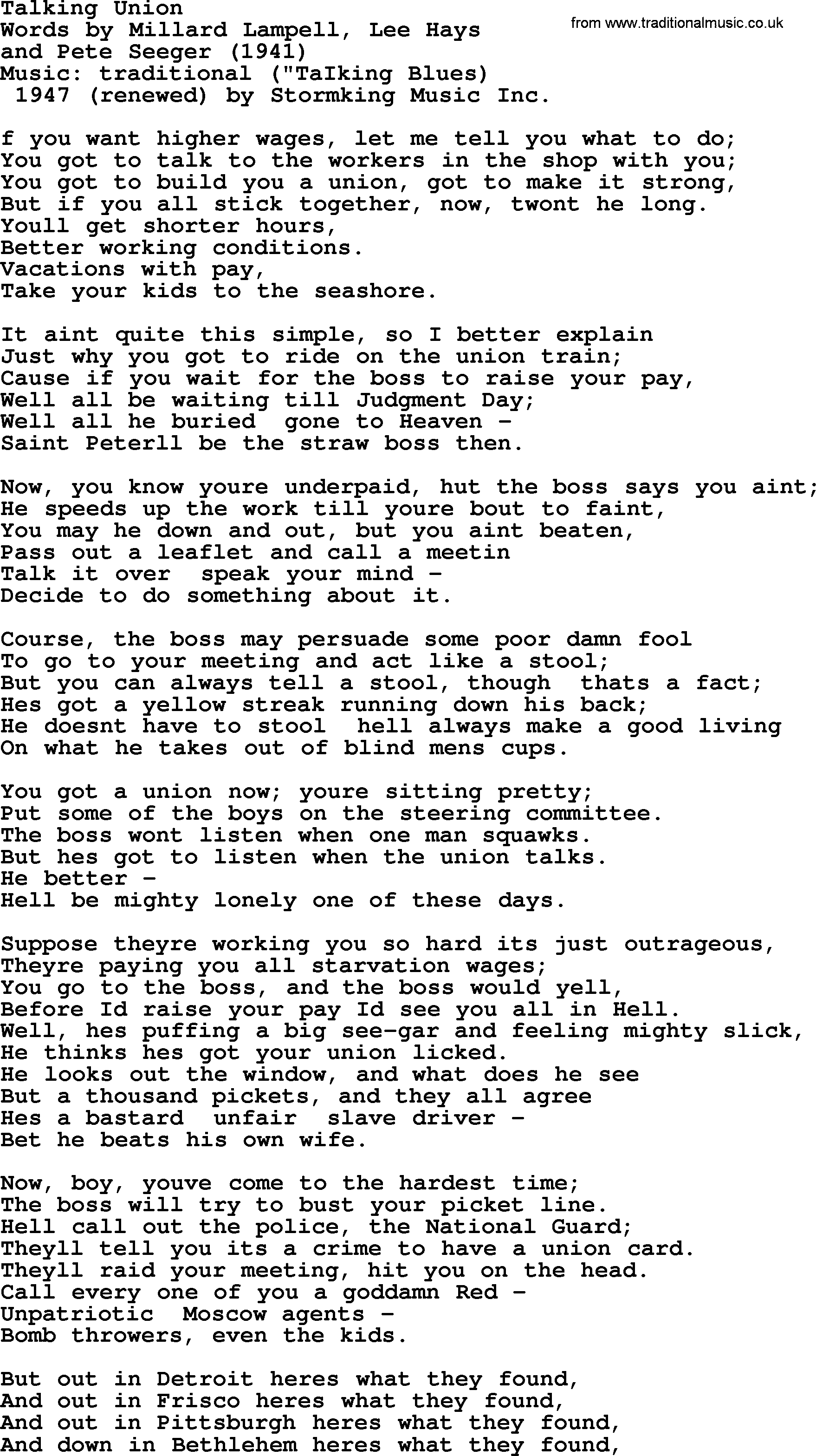 Pete Seeger song Talking Union-Pete-Seeger.txt lyrics