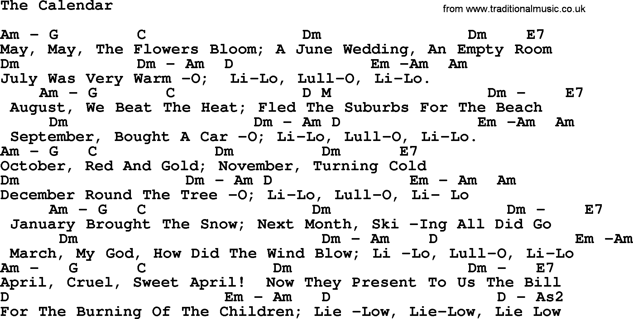 Pete Seeger song The Calendar, lyrics and chords