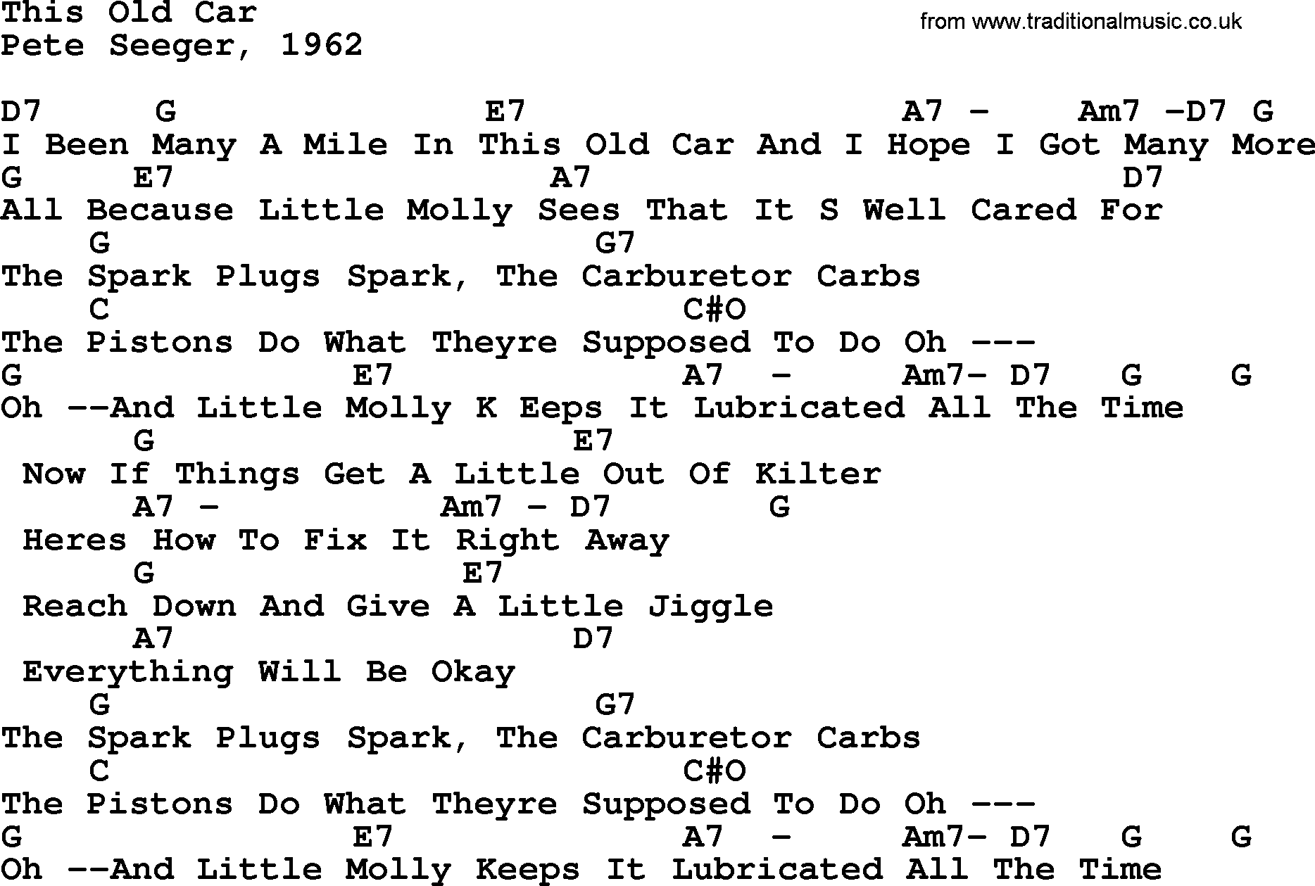 Pete Seeger song This Old Car, lyrics and chords