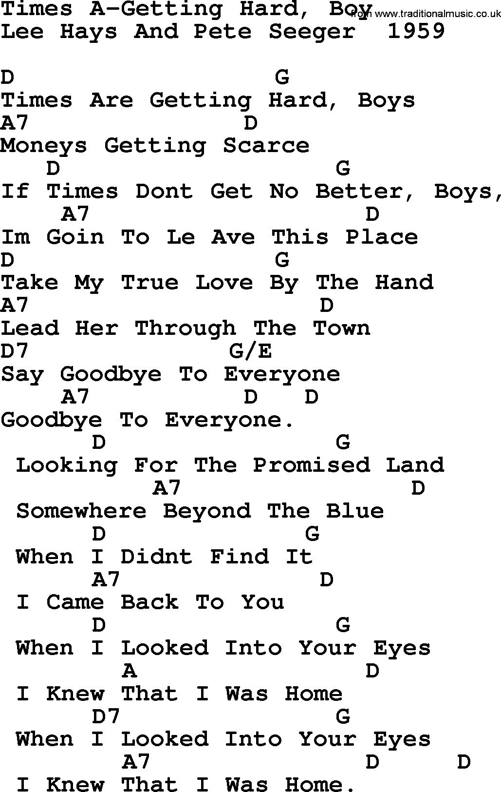 Pete Seeger song Times A Getting Hard-Pete-Seeger.txt lyrics