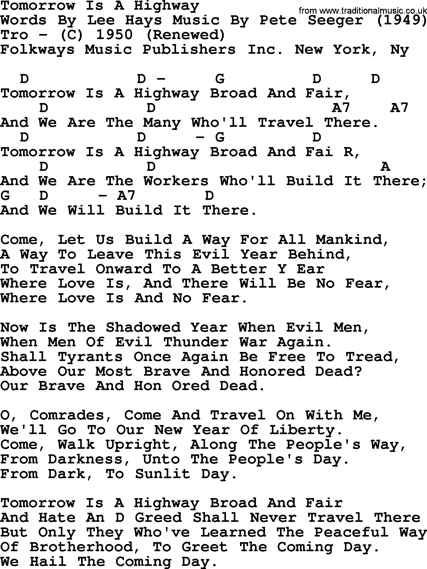 Pete Seeger song Tomorrow Is A Highway, lyrics and chords