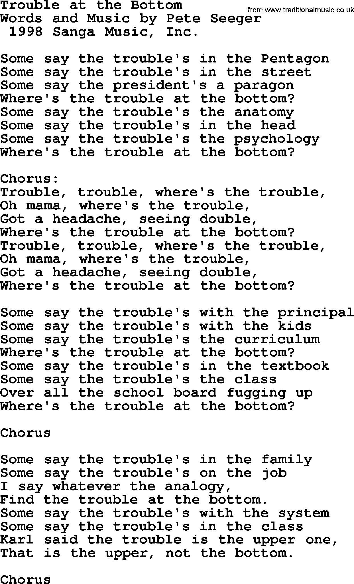 Pete Seeger song Trouble at the Bottom-Pete-Seeger.txt lyrics