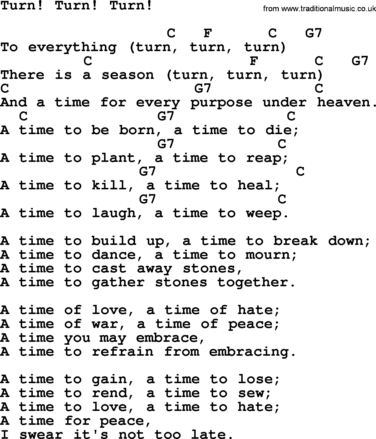 Pete Seeger song Turn! Turn! Turn!, lyrics and chords