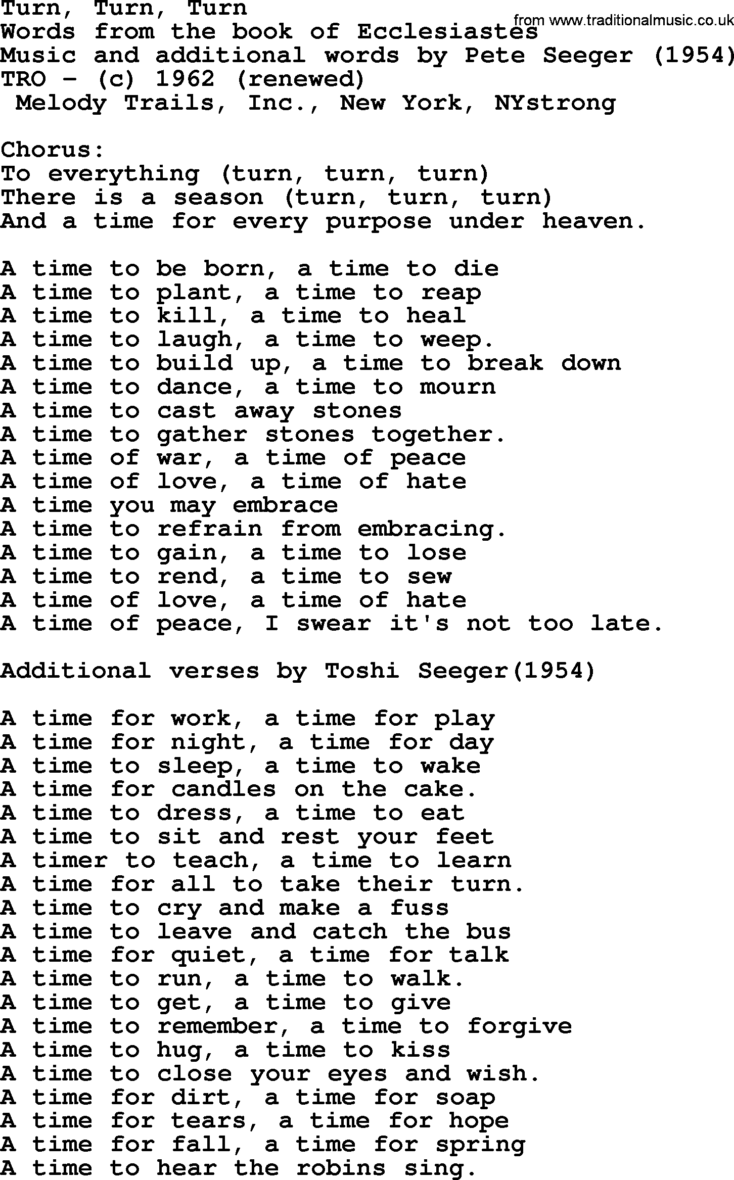 Pete Seeger song Turn, Turn, Turn-Pete-Seeger.txt lyrics