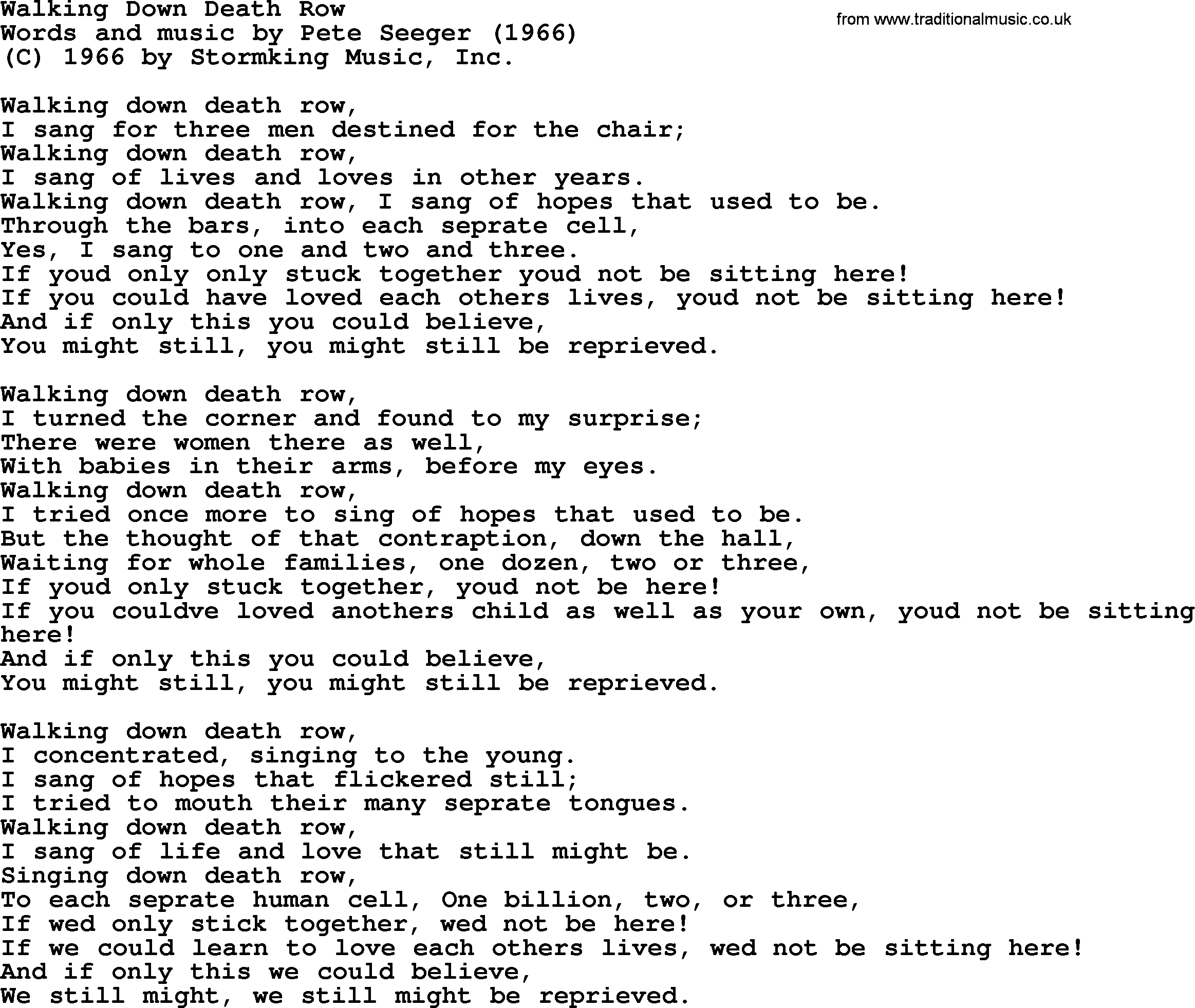 Pete Seeger song Walking Down Death Row-Pete-Seeger.txt lyrics
