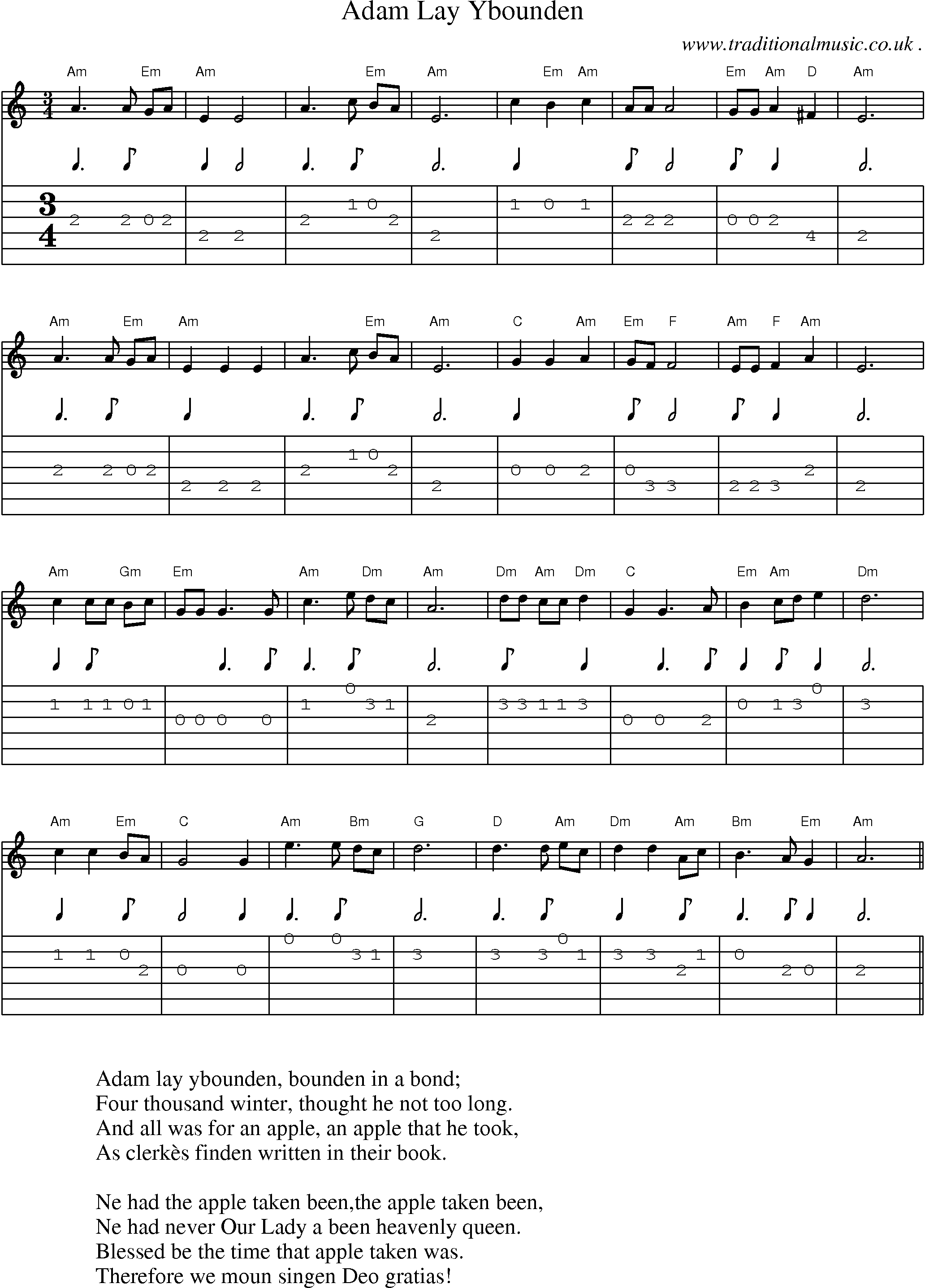 Music Score and Guitar Tabs for Adam Lay Ybounden