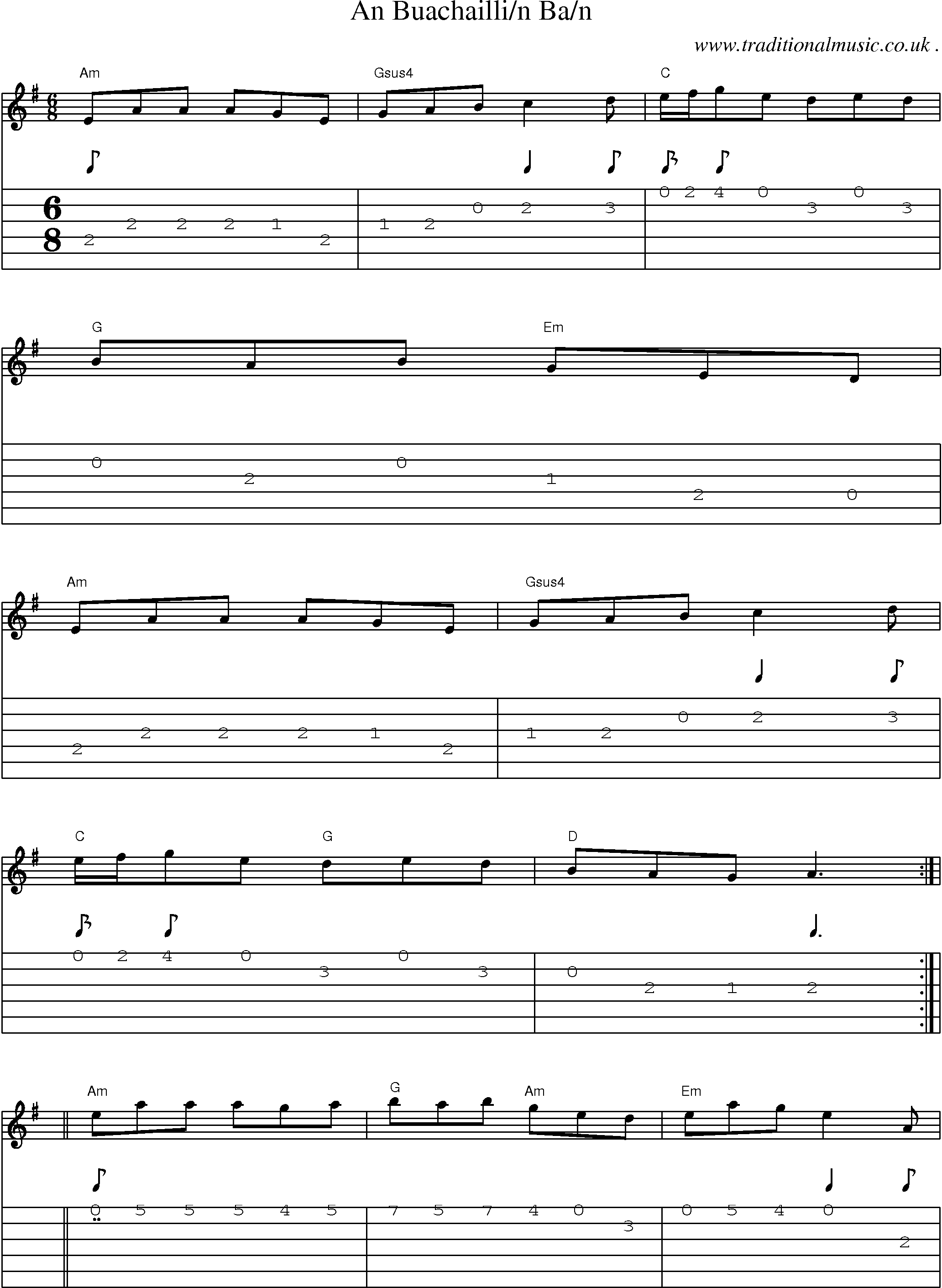 Music Score and Guitar Tabs for An Buachaillin Ban