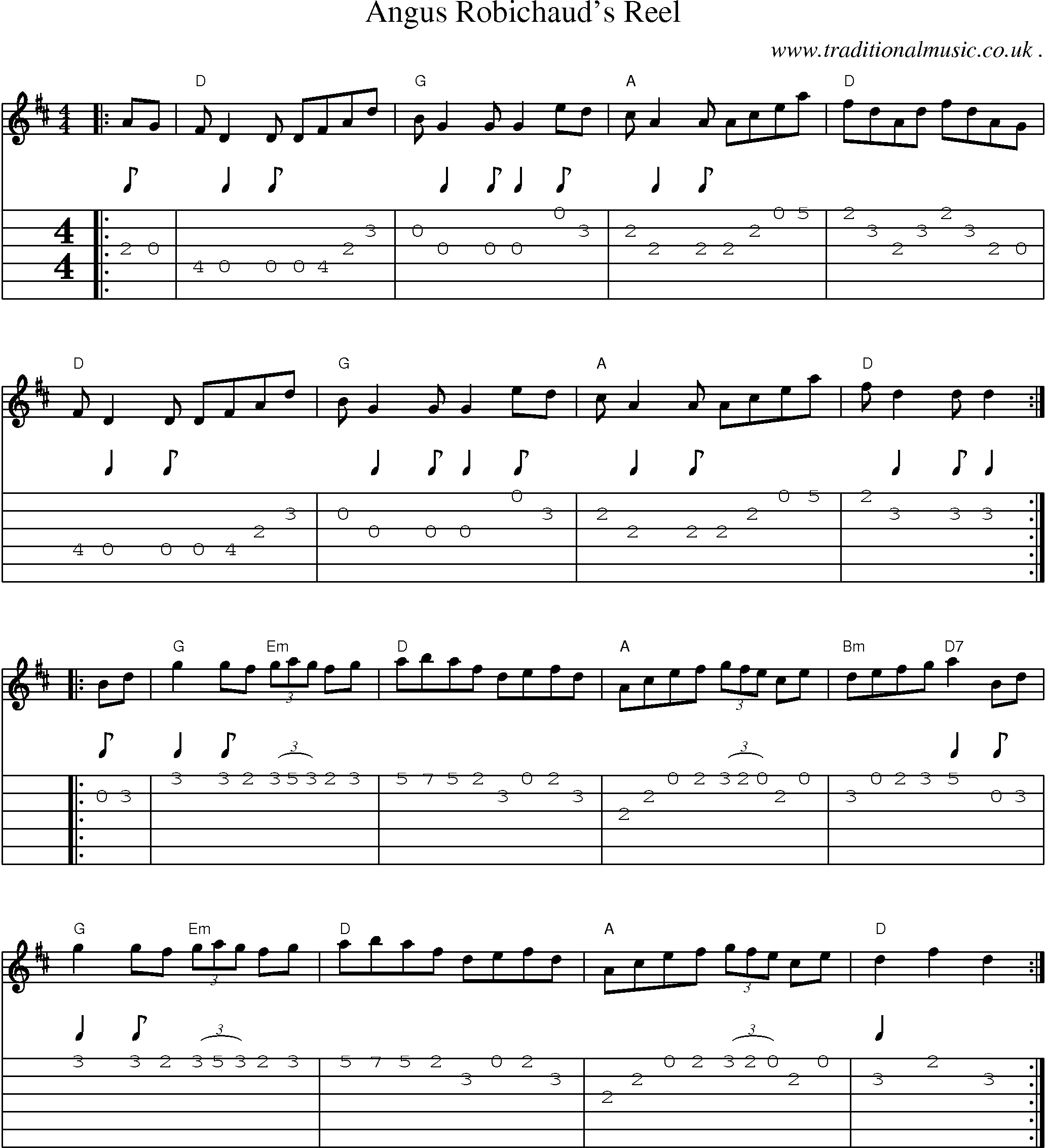 Music Score and Guitar Tabs for Angus Robichauds Reel