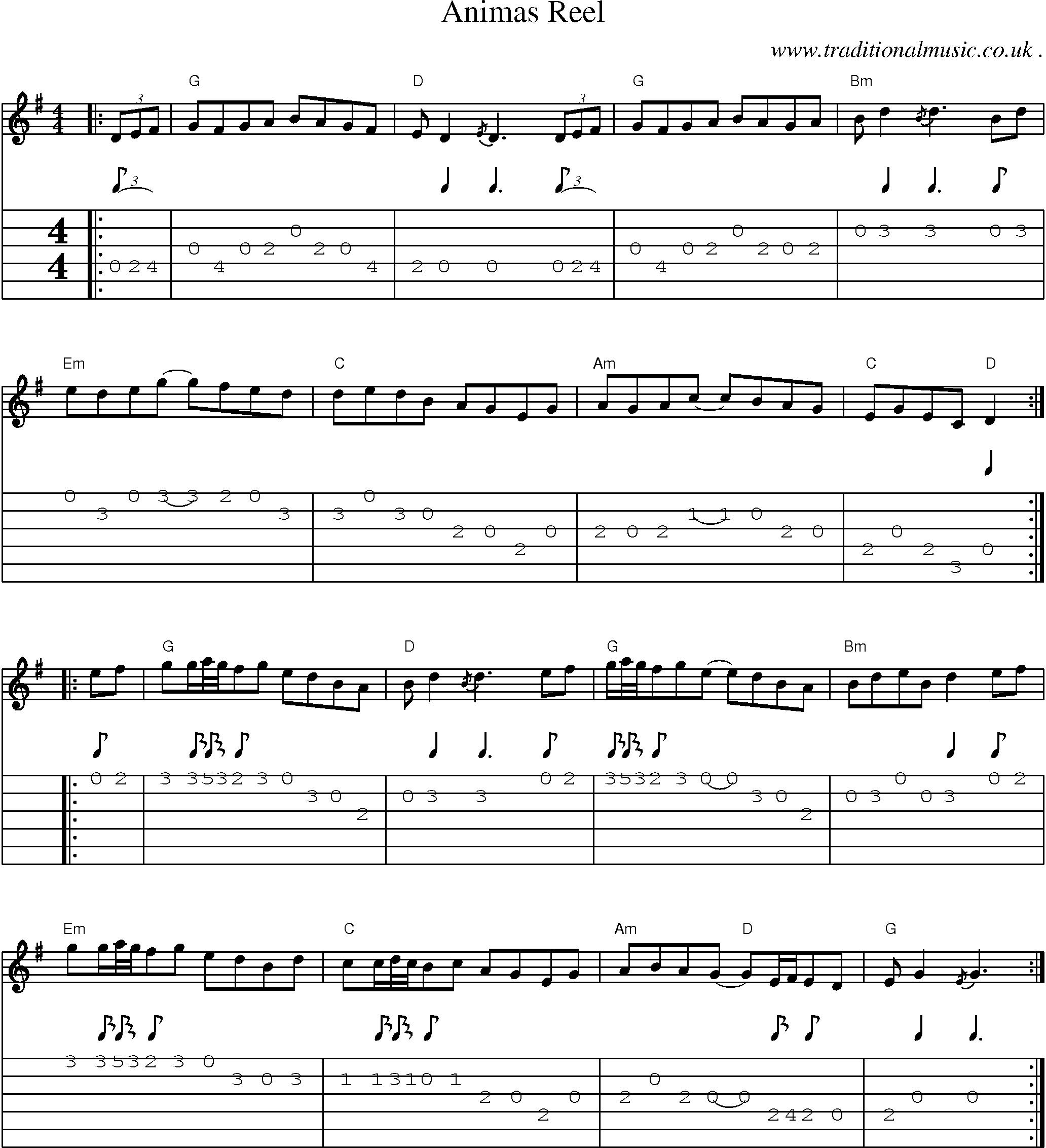 Music Score and Guitar Tabs for Animas Reel