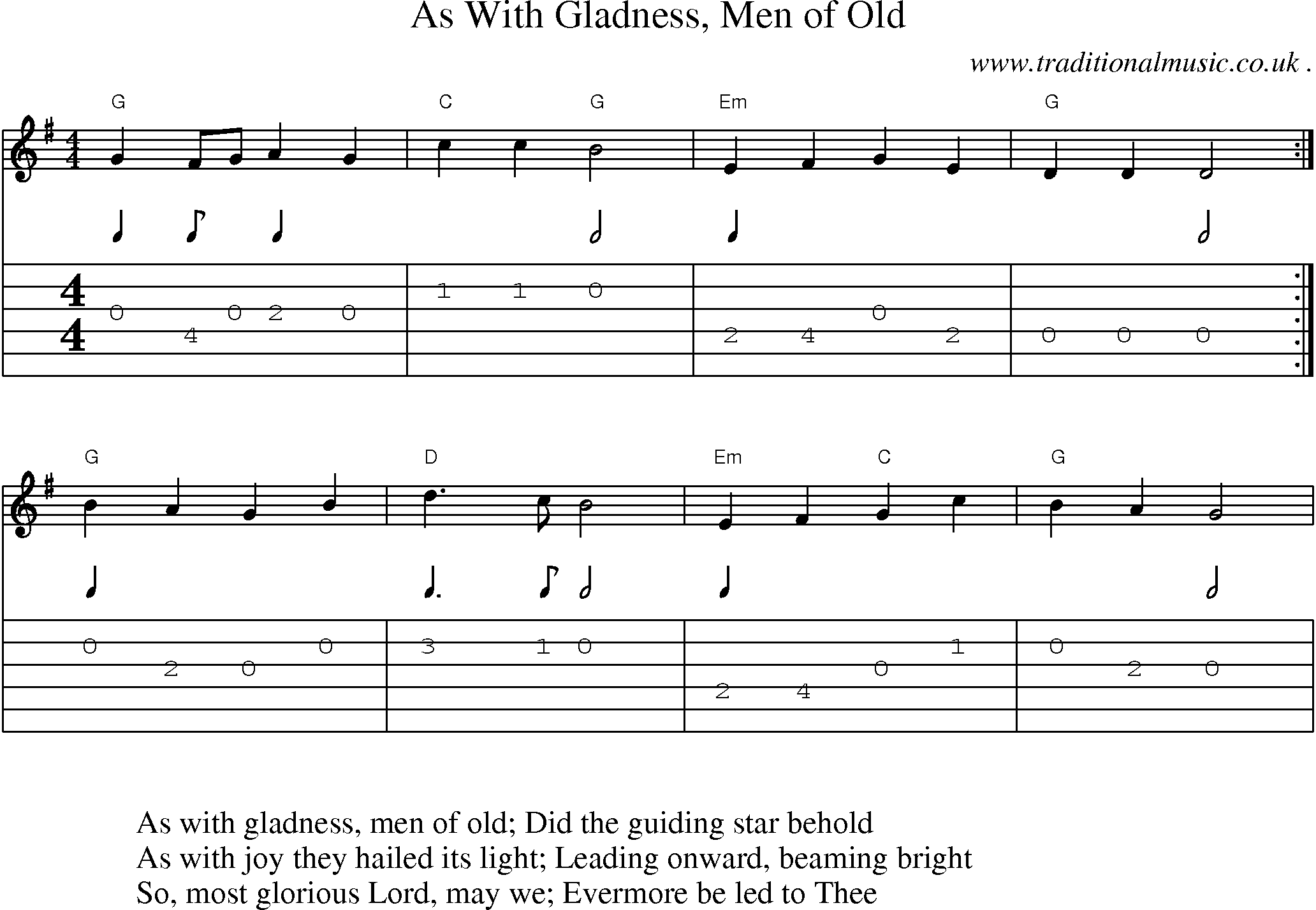 Music Score and Guitar Tabs for As With Gladness Men of Old