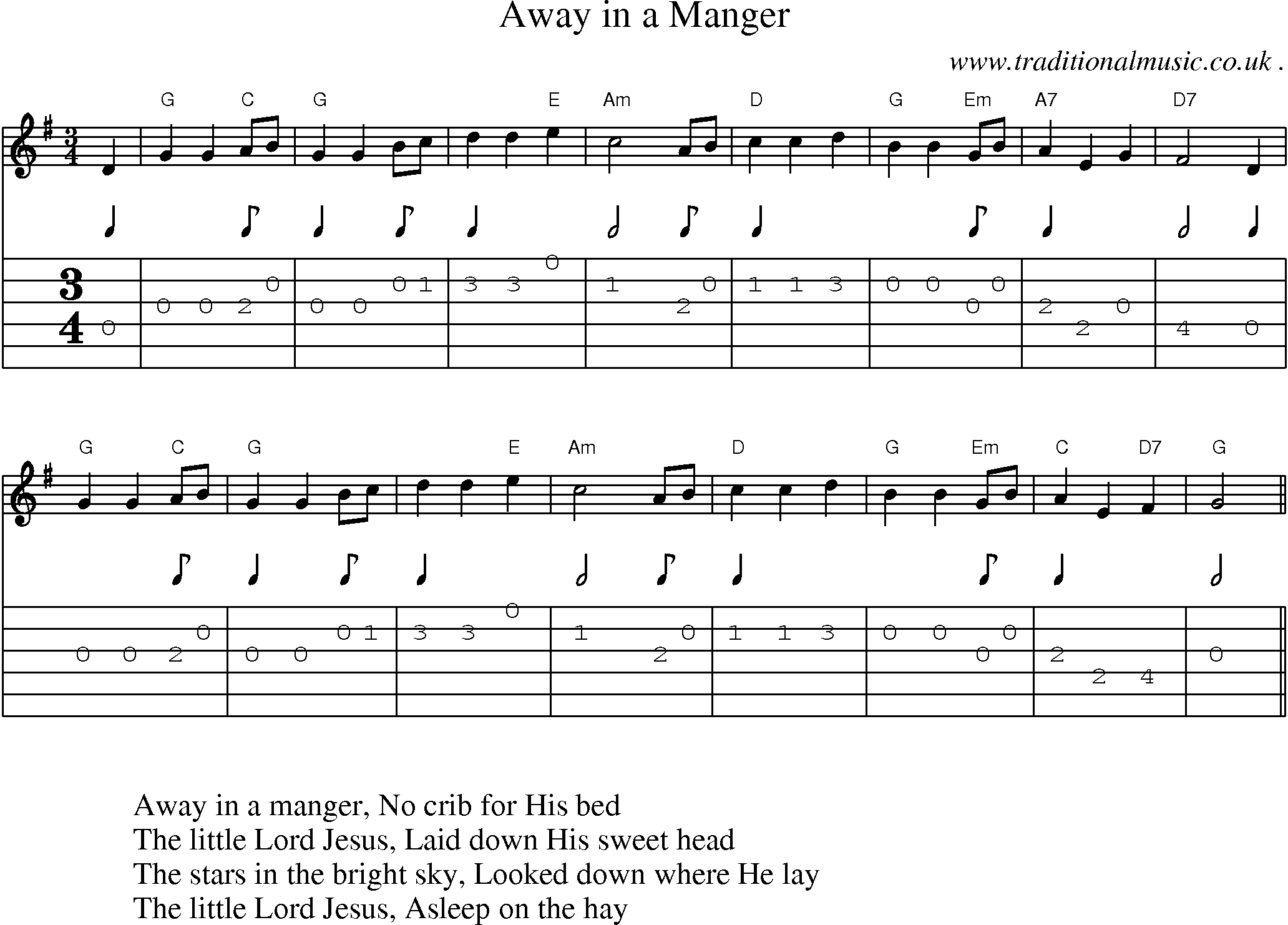 Music Score and Guitar Tabs for Away in a Manger