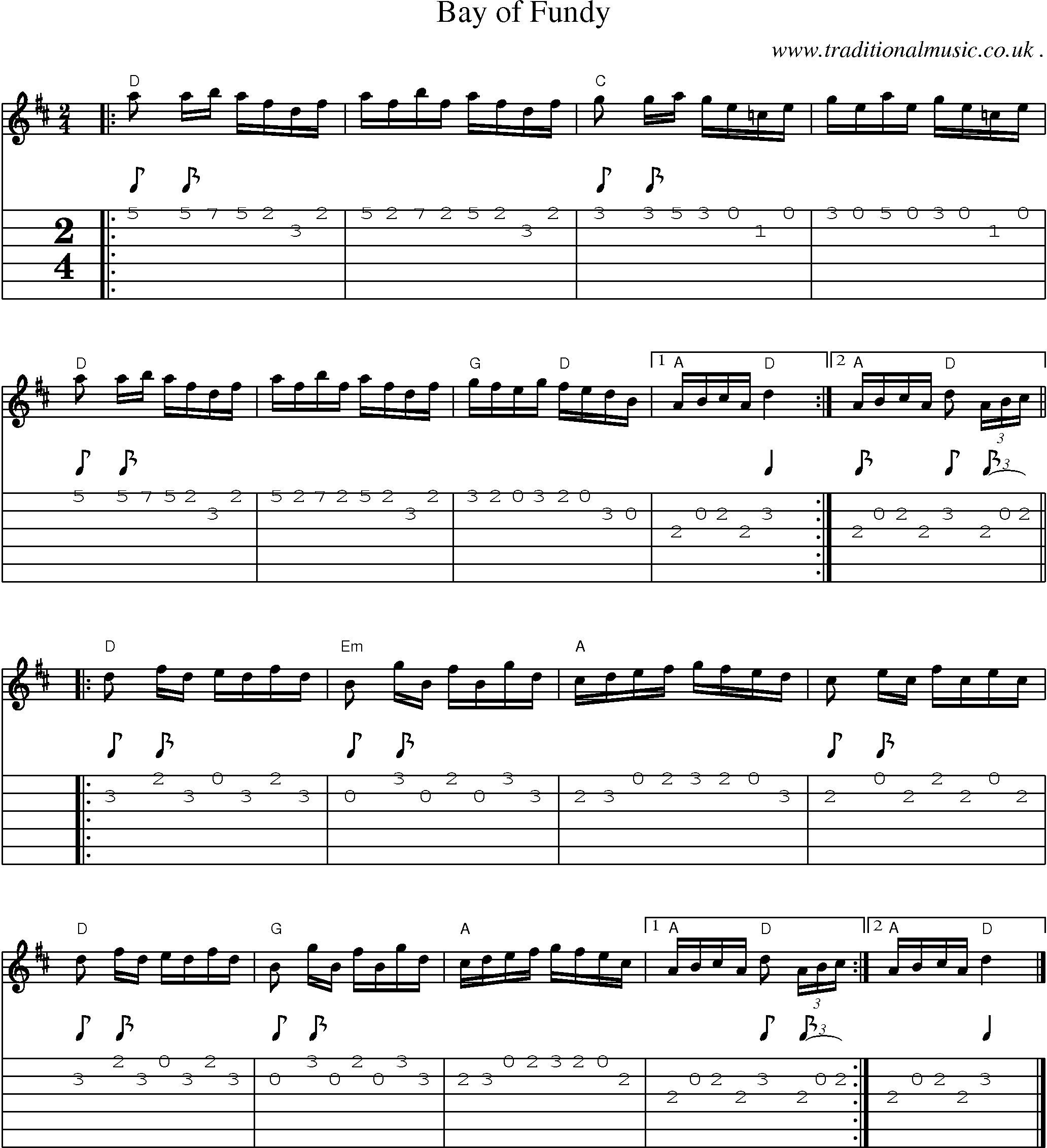 Music Score and Guitar Tabs for Bay Of Fundy