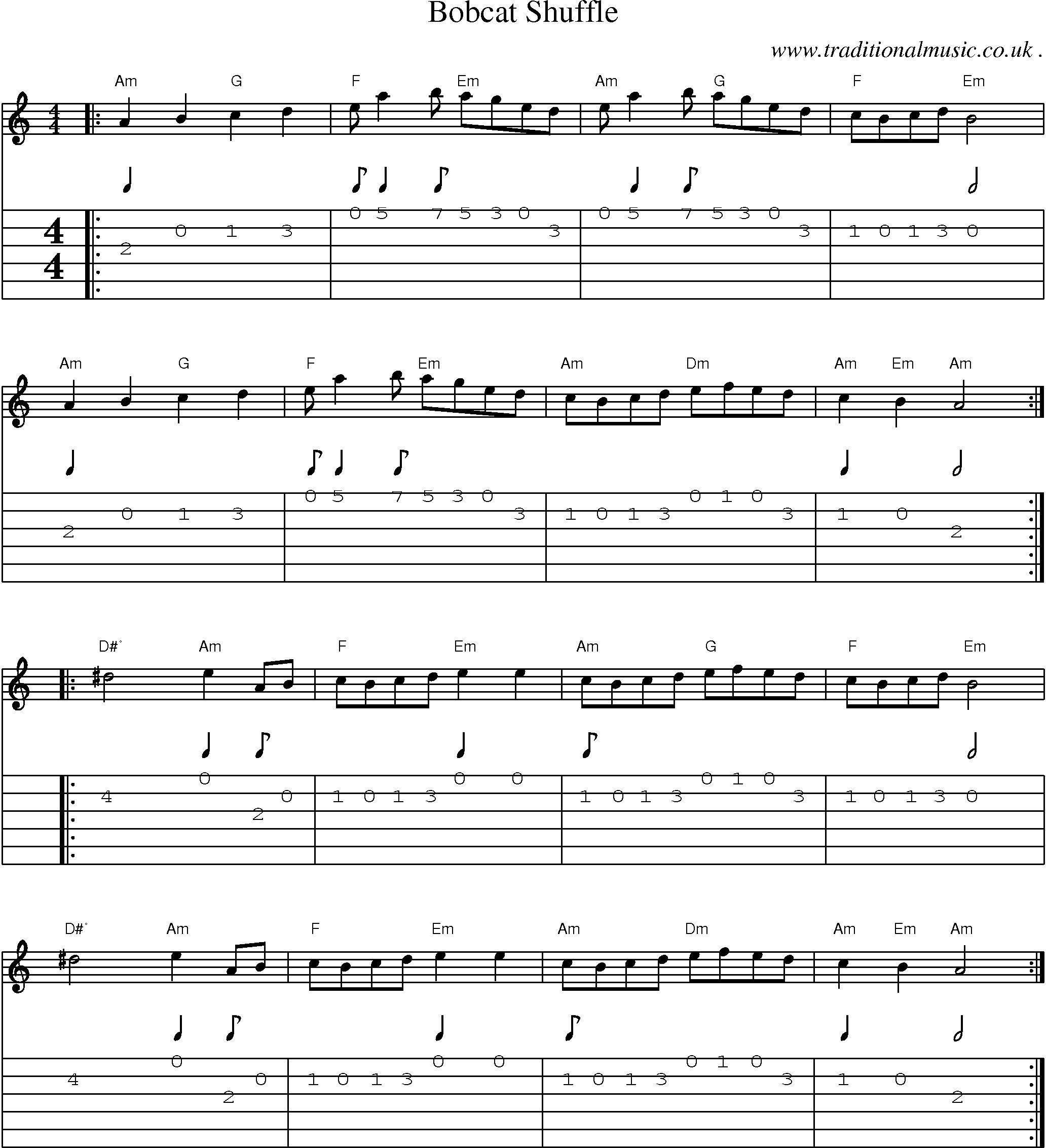 Music Score and Guitar Tabs for Bobcat Shuffle