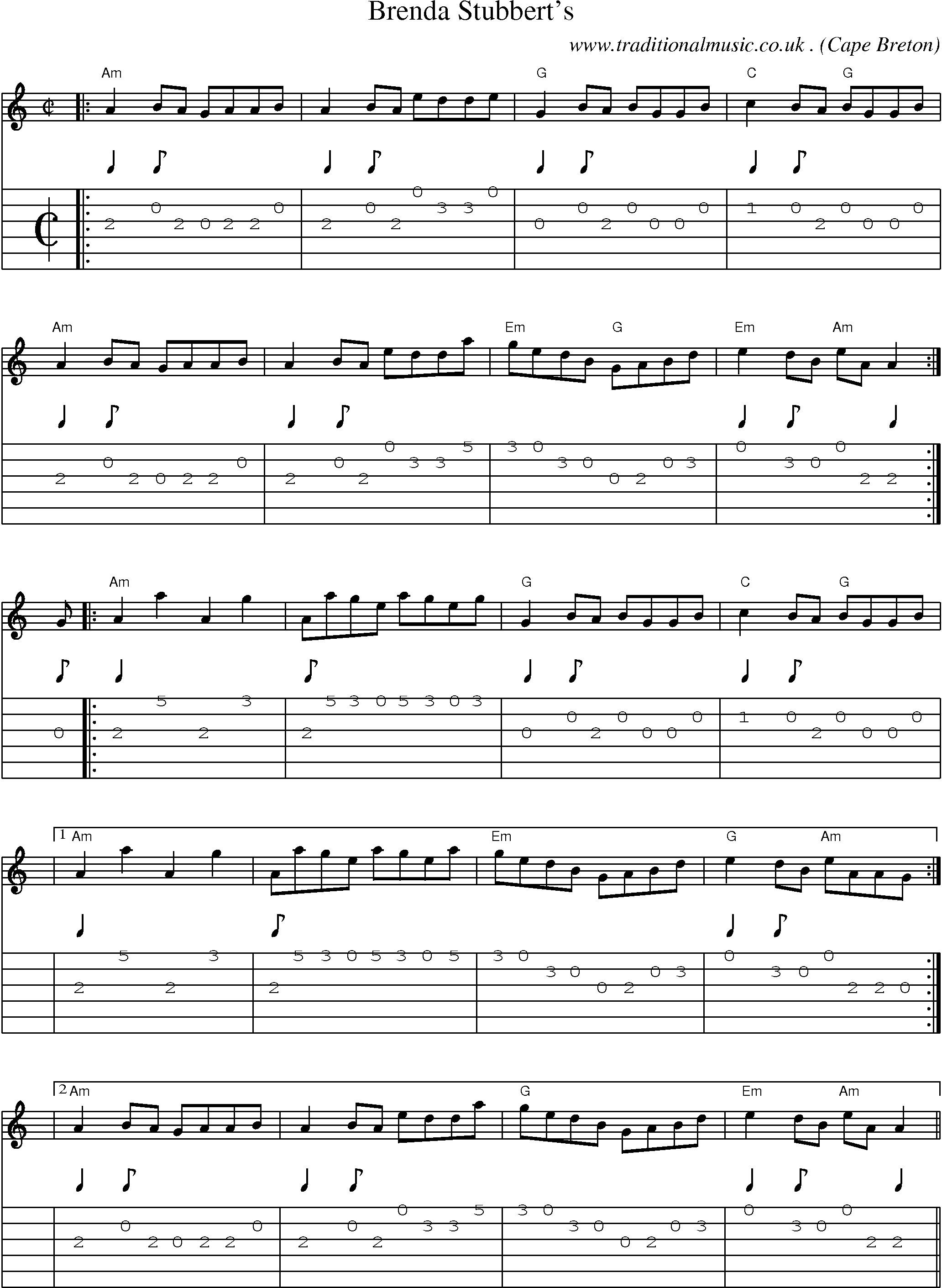 Music Score and Guitar Tabs for Brenda Stubberts