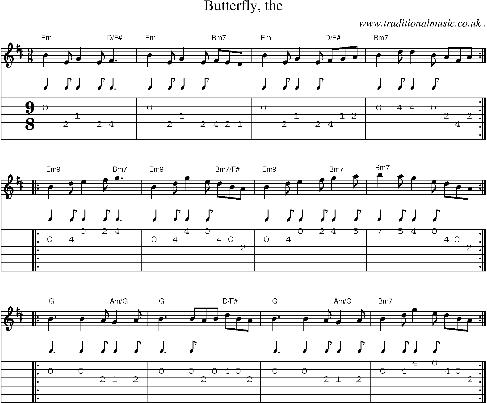 Music Score and Guitar Tabs for Butterfly The