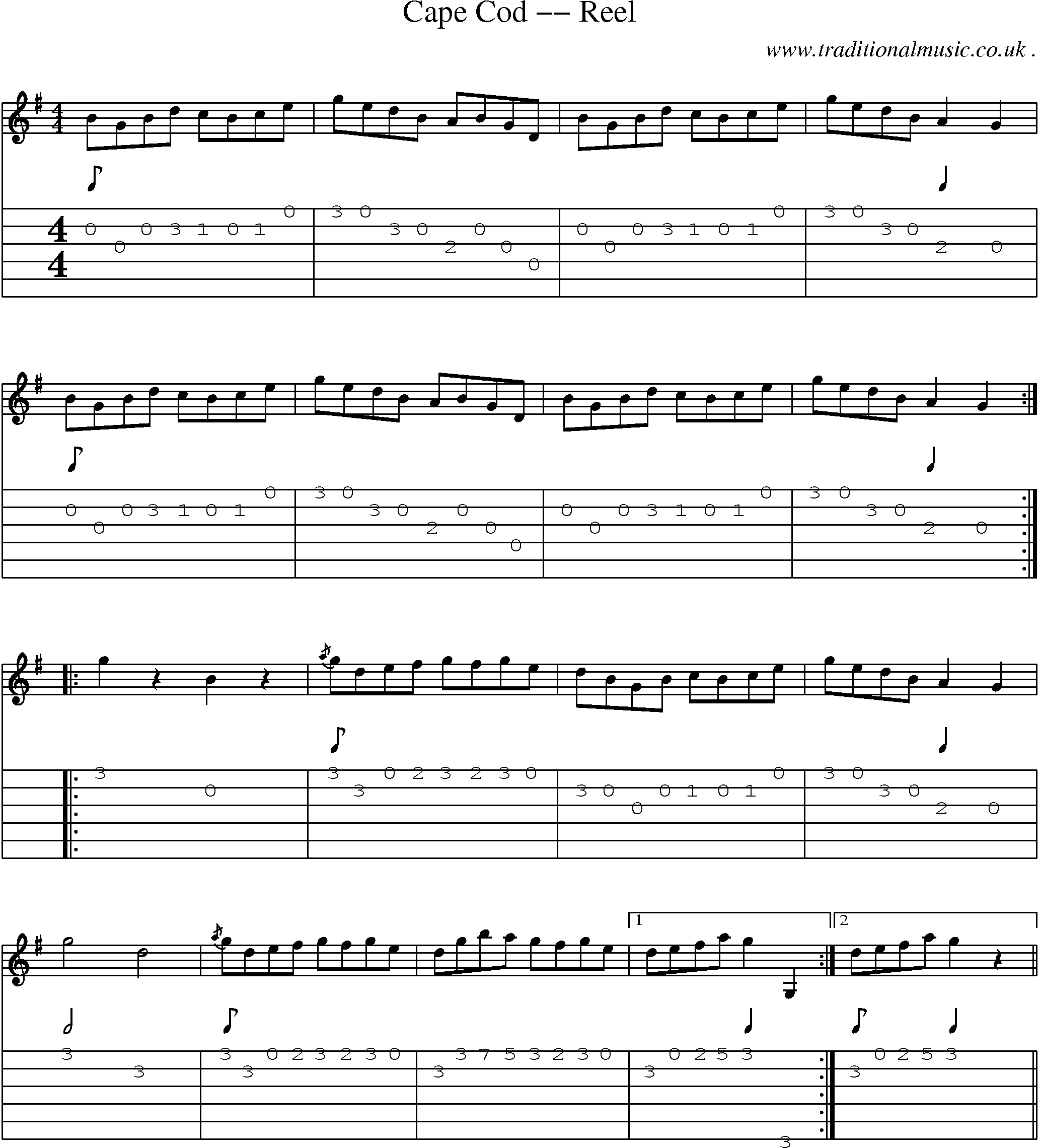 Music Score and Guitar Tabs for Cape Cod Reel