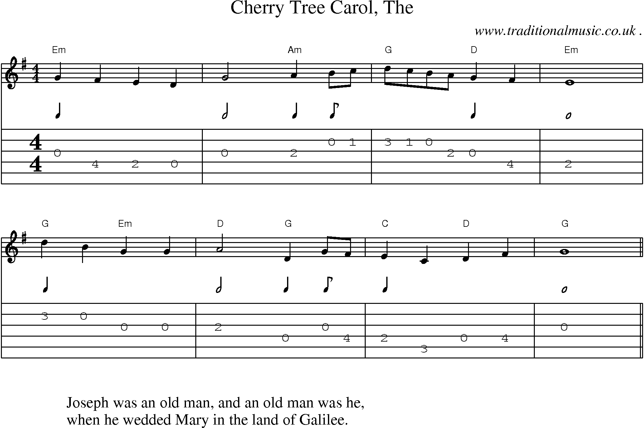 Music Score and Guitar Tabs for Cherry Tree Carol The