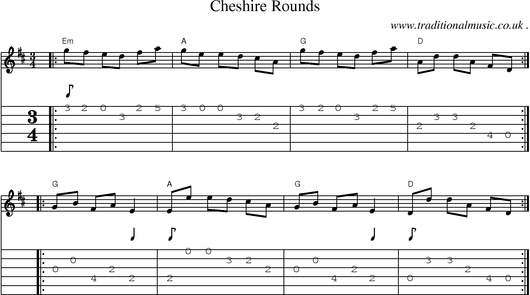 Music Score and Guitar Tabs for Cheshire Rounds