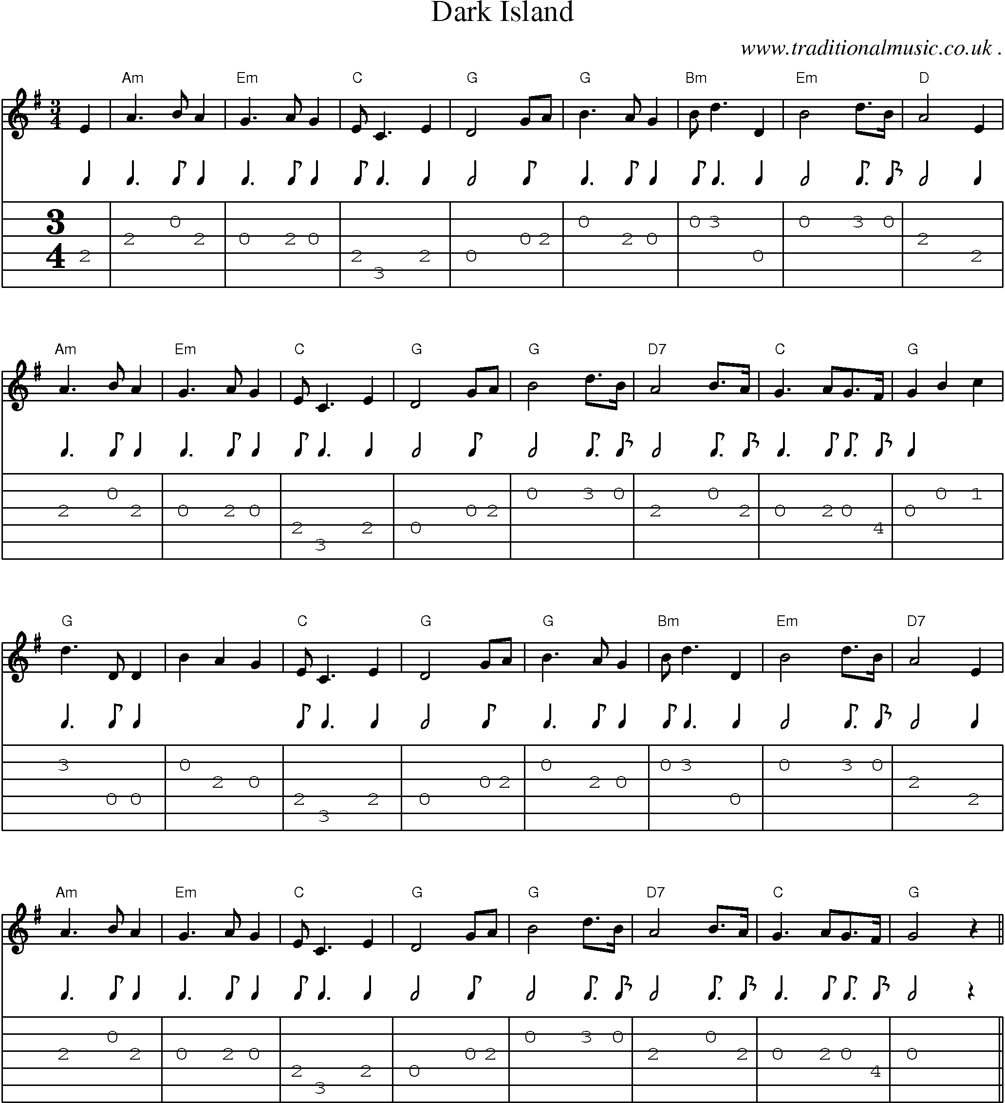 Music Score and Guitar Tabs for Dark Island