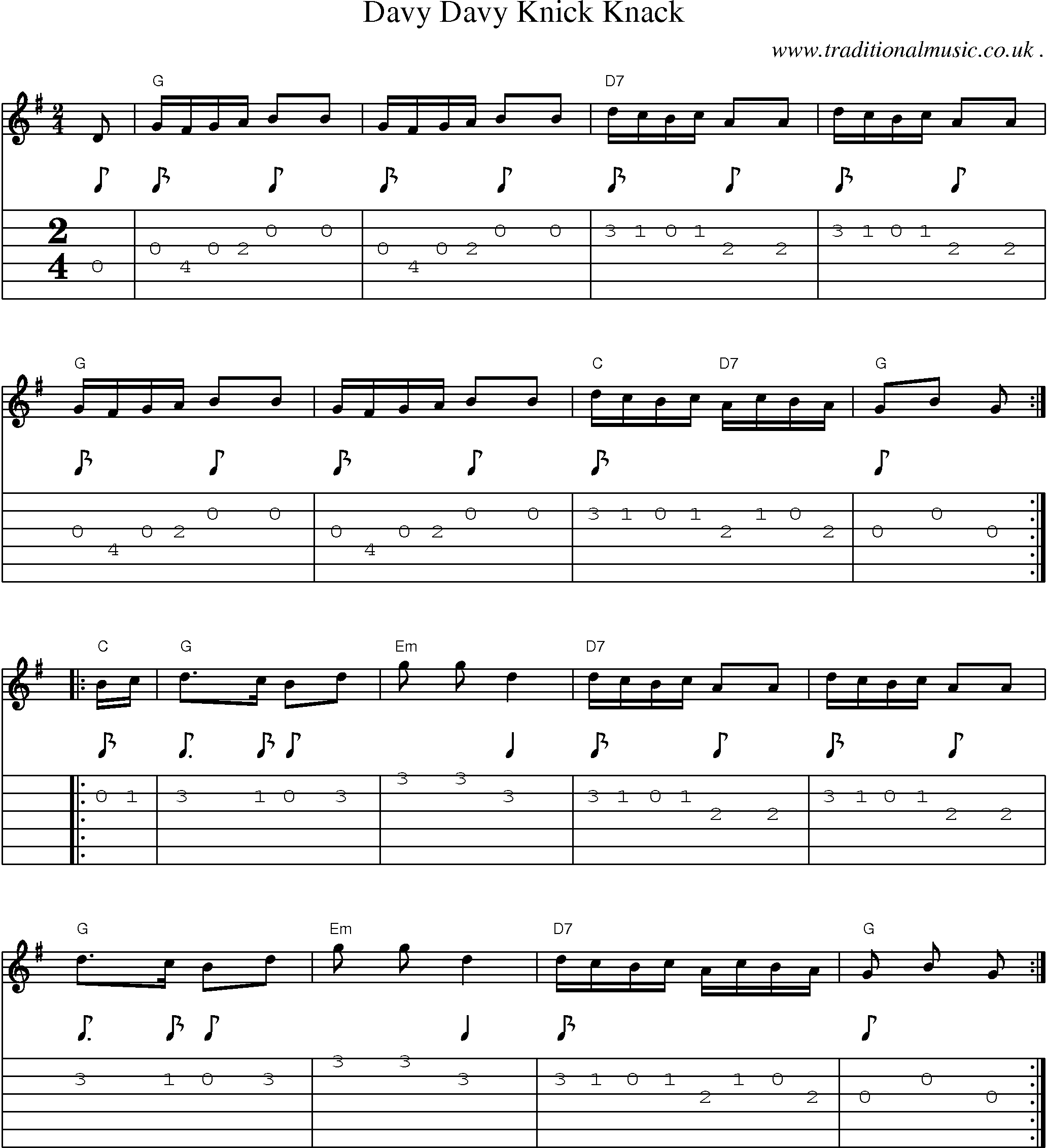Music Score and Guitar Tabs for Davy Davy Knick Knack