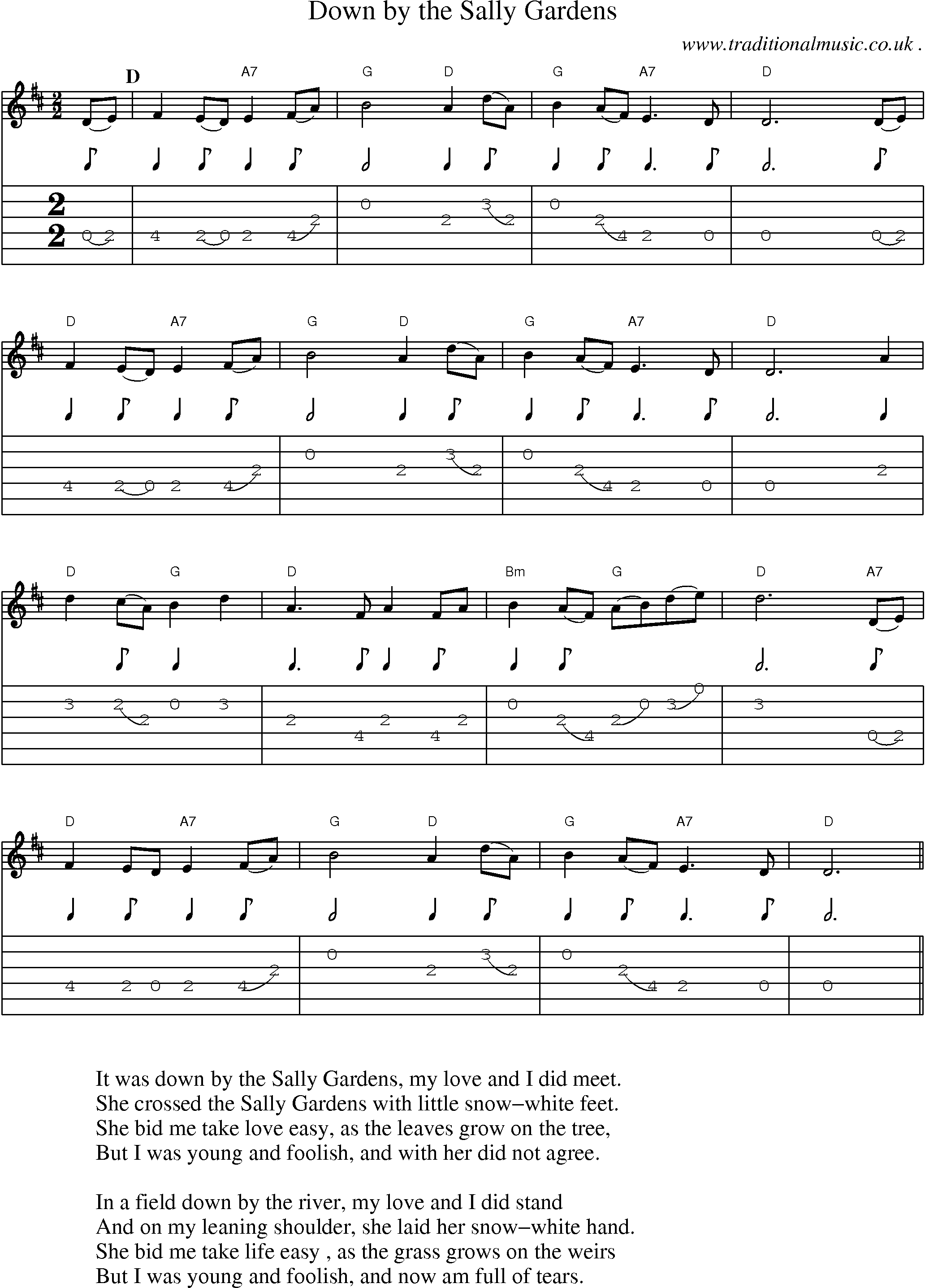 Music Score and Guitar Tabs for Down By The Sally Gardens