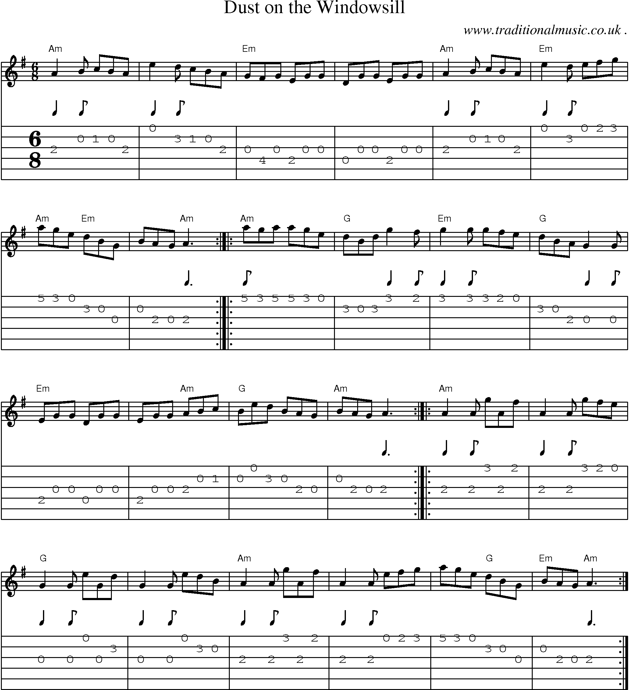 Music Score and Guitar Tabs for Dust On The Windowsill
