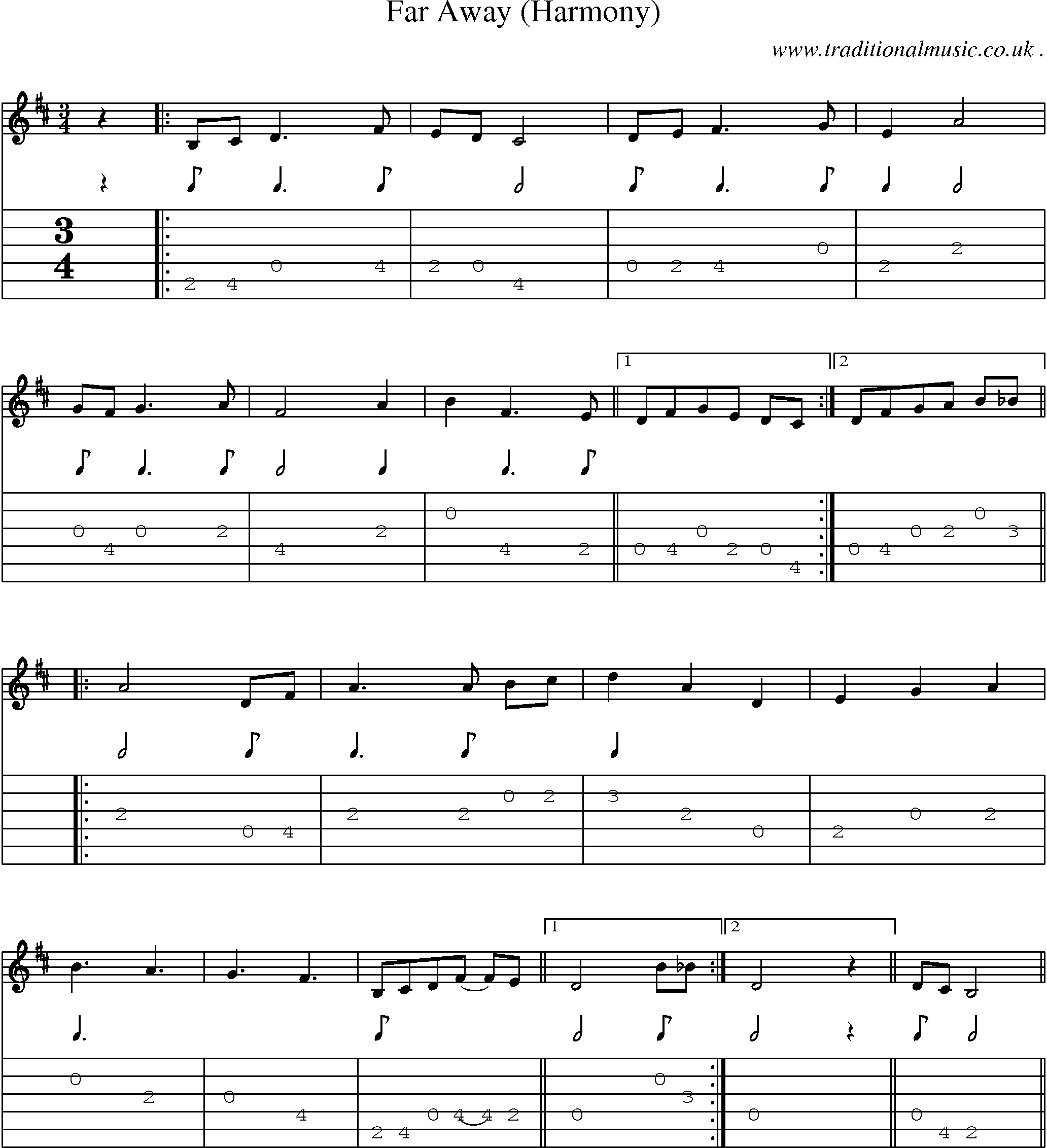 Music Score and Guitar Tabs for Far Away (harmony)