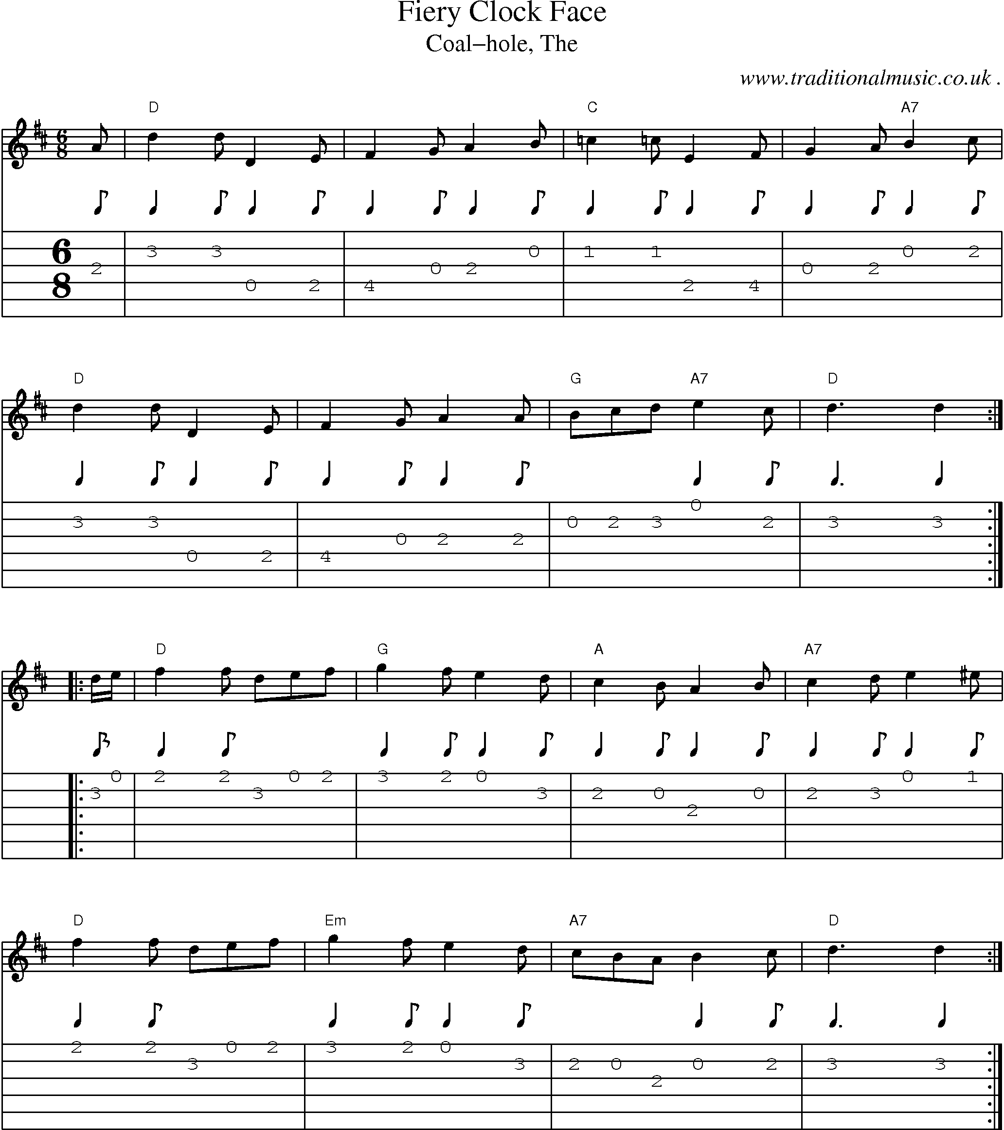 Music Score and Guitar Tabs for Fiery Clock Face