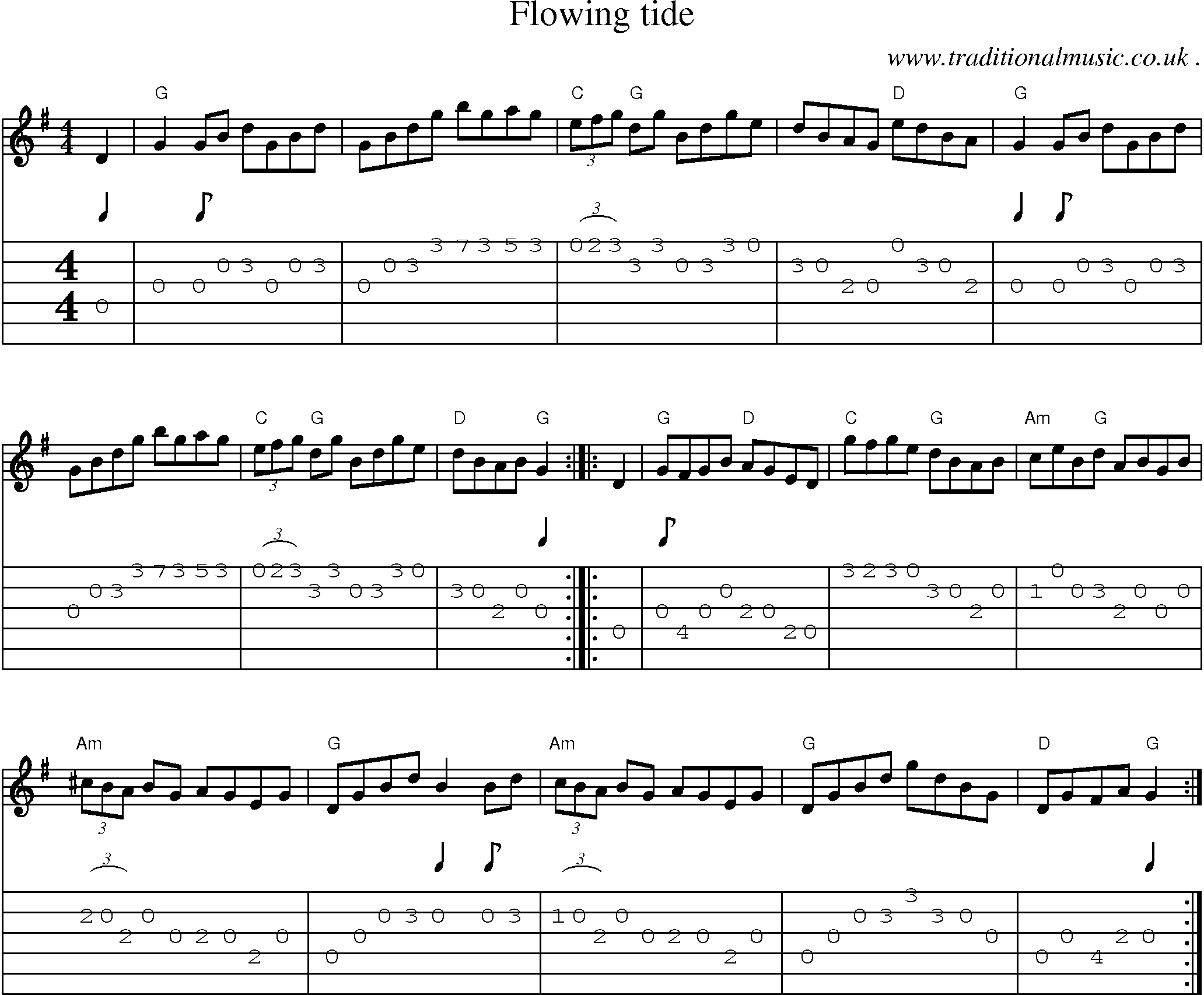 Music Score and Guitar Tabs for Flowing Tide