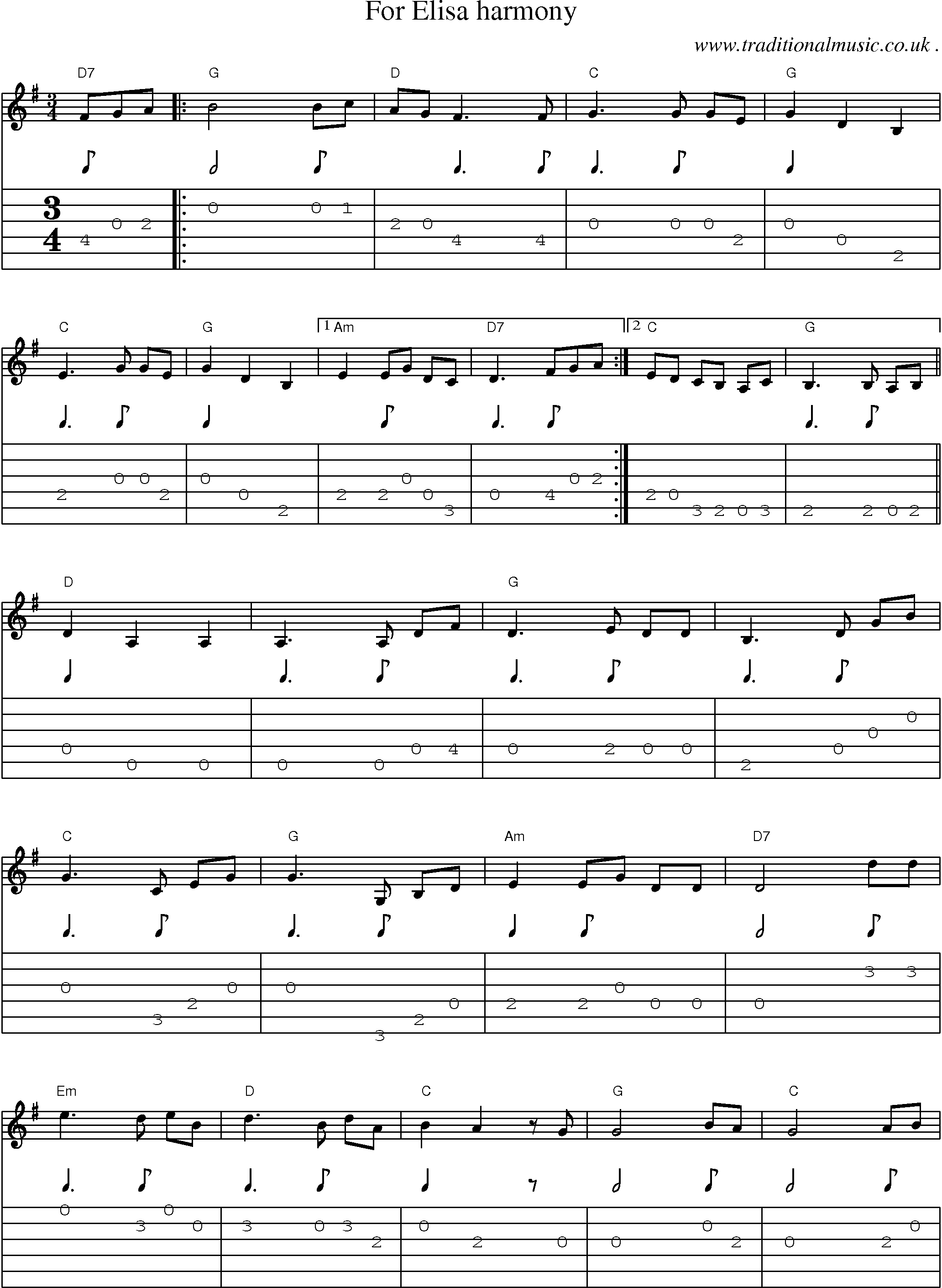 Music Score and Guitar Tabs for For Elisa Harmony