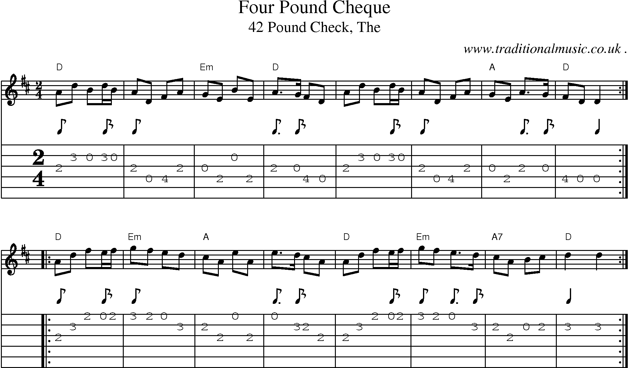 Music Score and Guitar Tabs for Four Pound Cheque