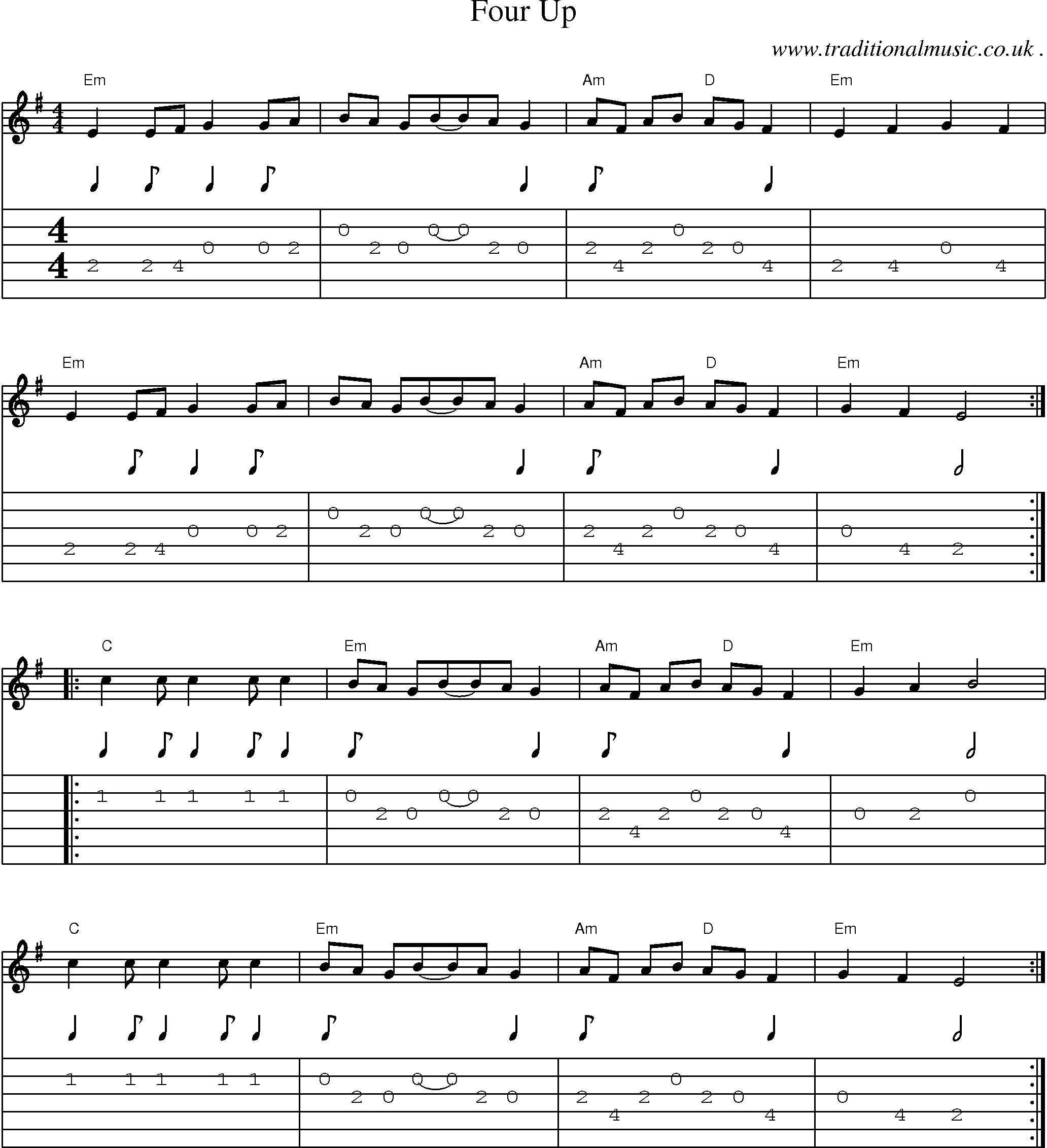 Music Score and Guitar Tabs for Four Up