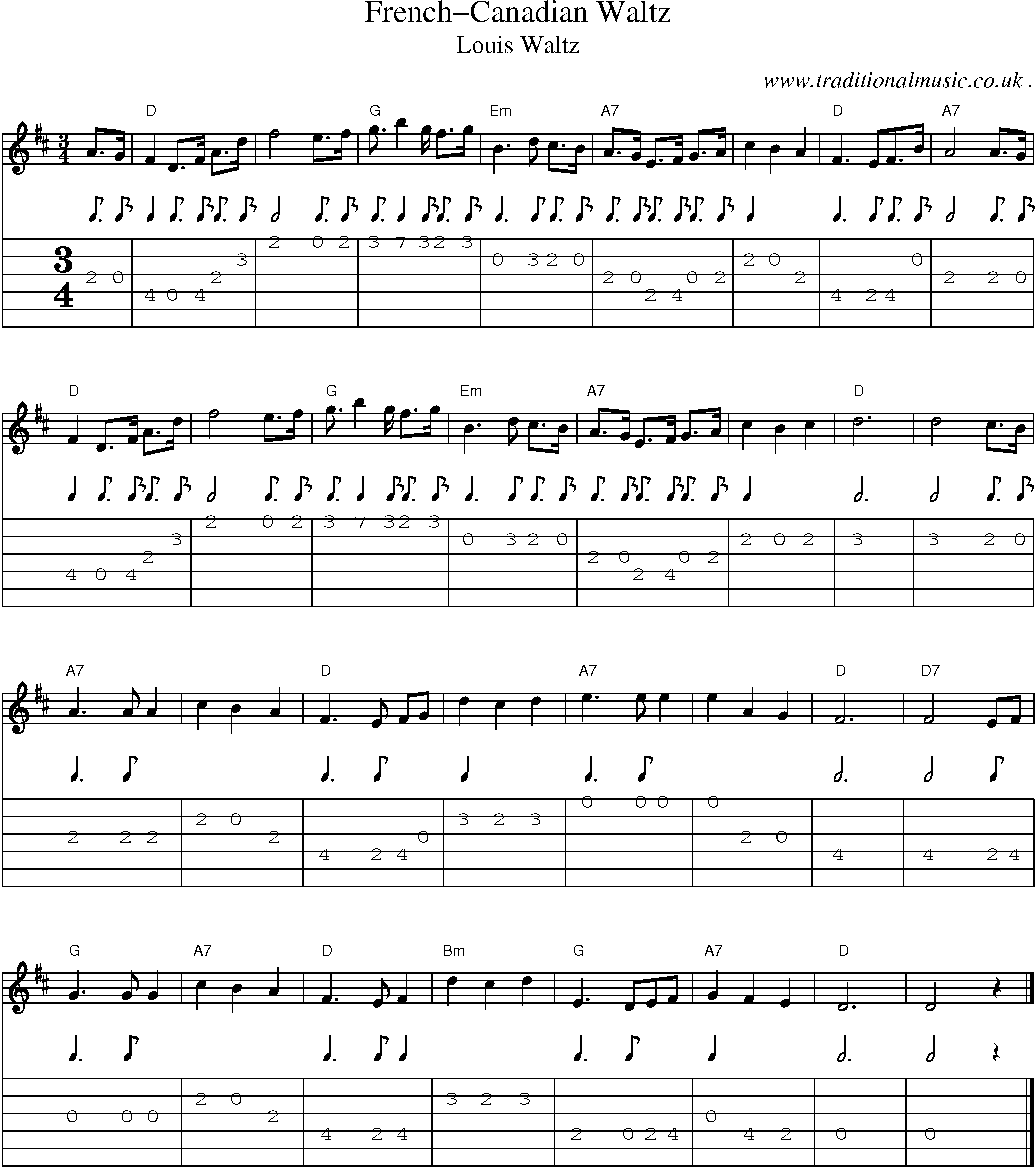 Music Score and Guitar Tabs for French-Canadian Waltz