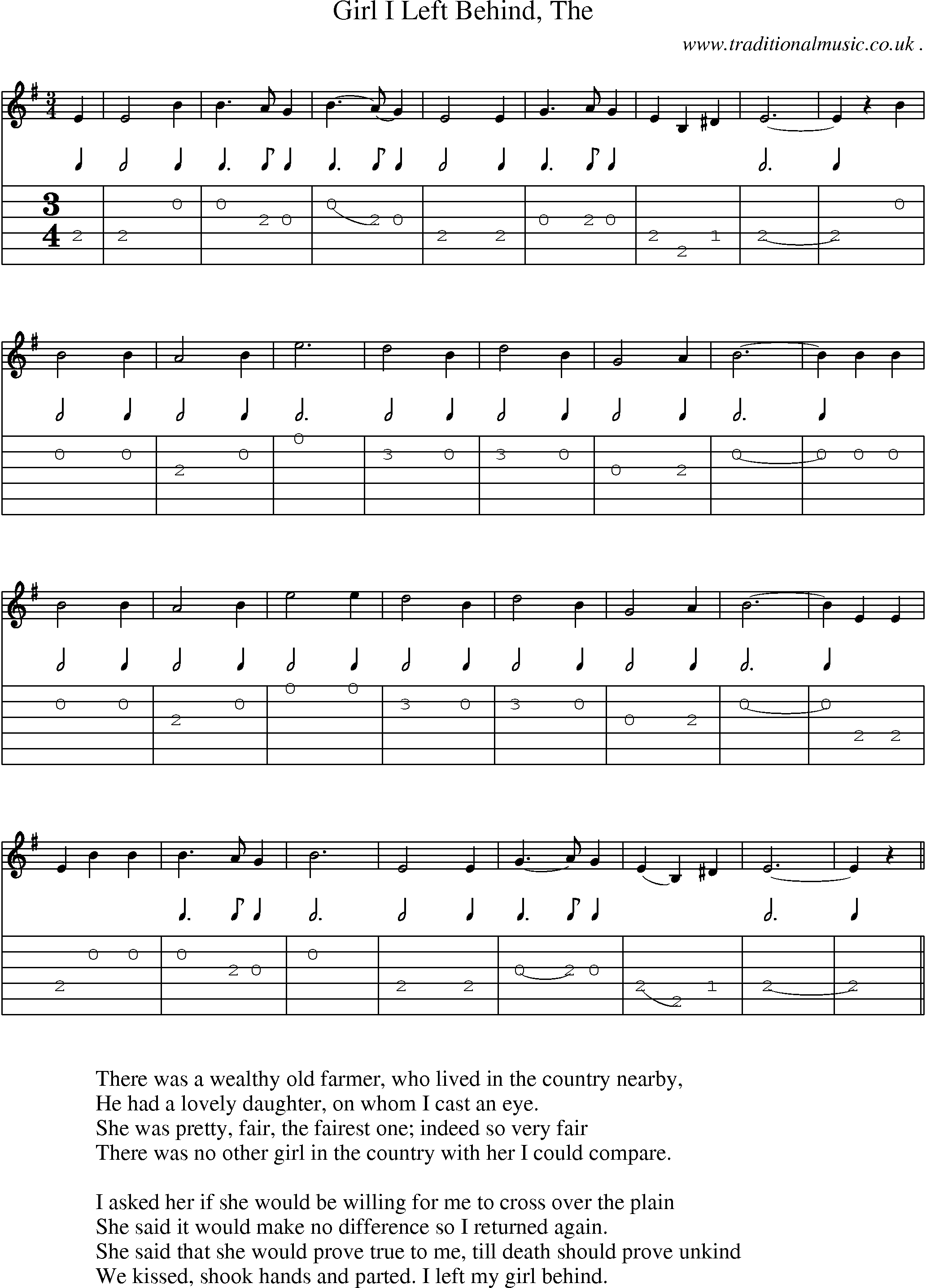 Music Score and Guitar Tabs for Girl I Left Behind The