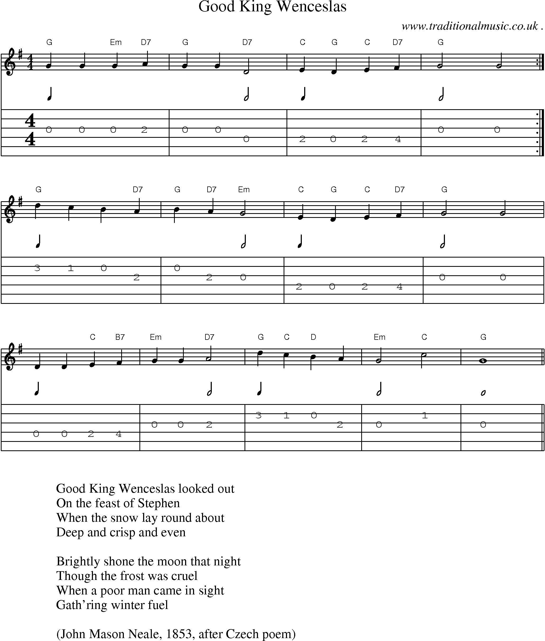 Music Score and Guitar Tabs for Good King Wenceslas