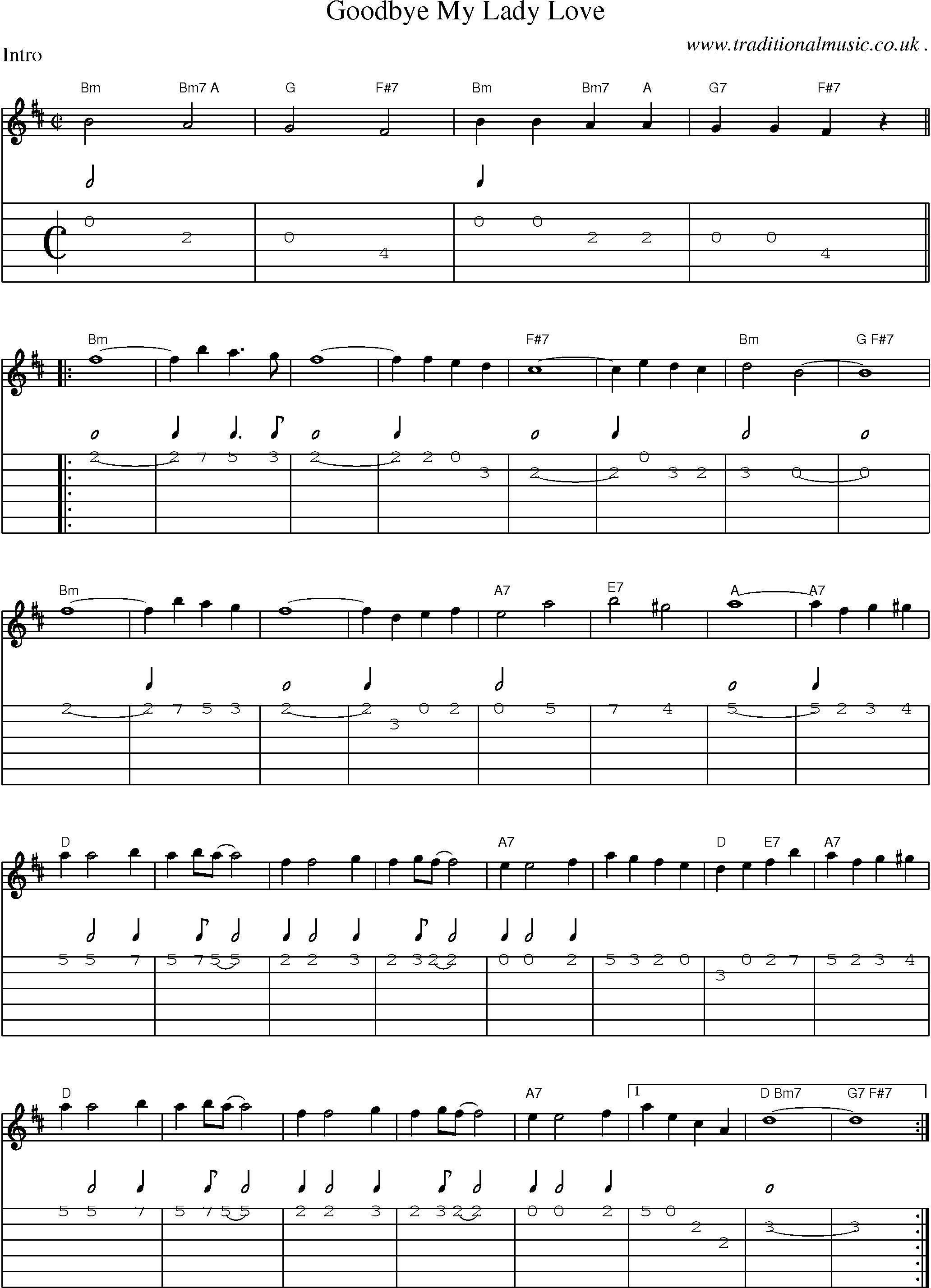 Music Score and Guitar Tabs for Goodbye My Lady Love