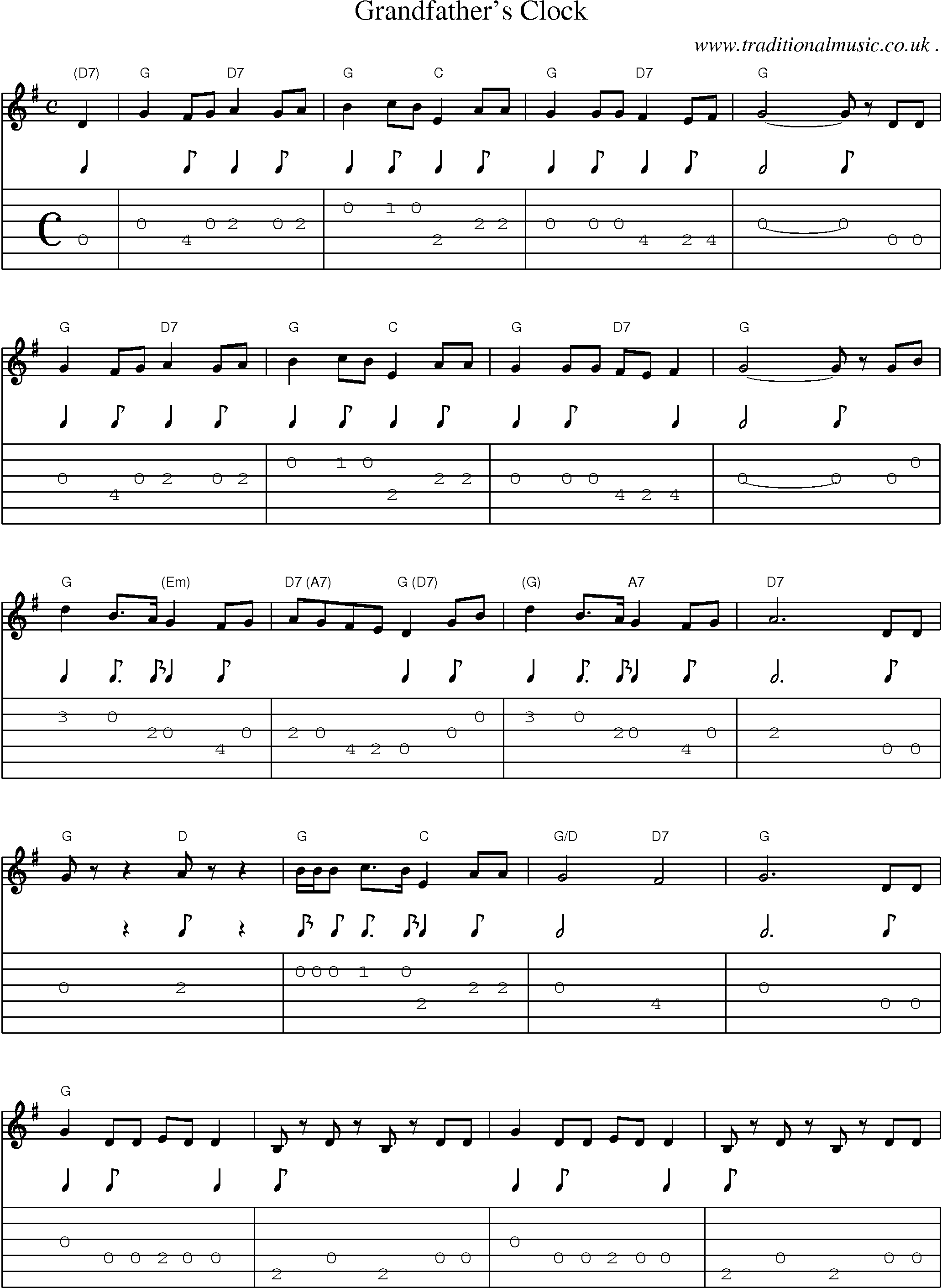 Music Score and Guitar Tabs for Grandfathers Clock