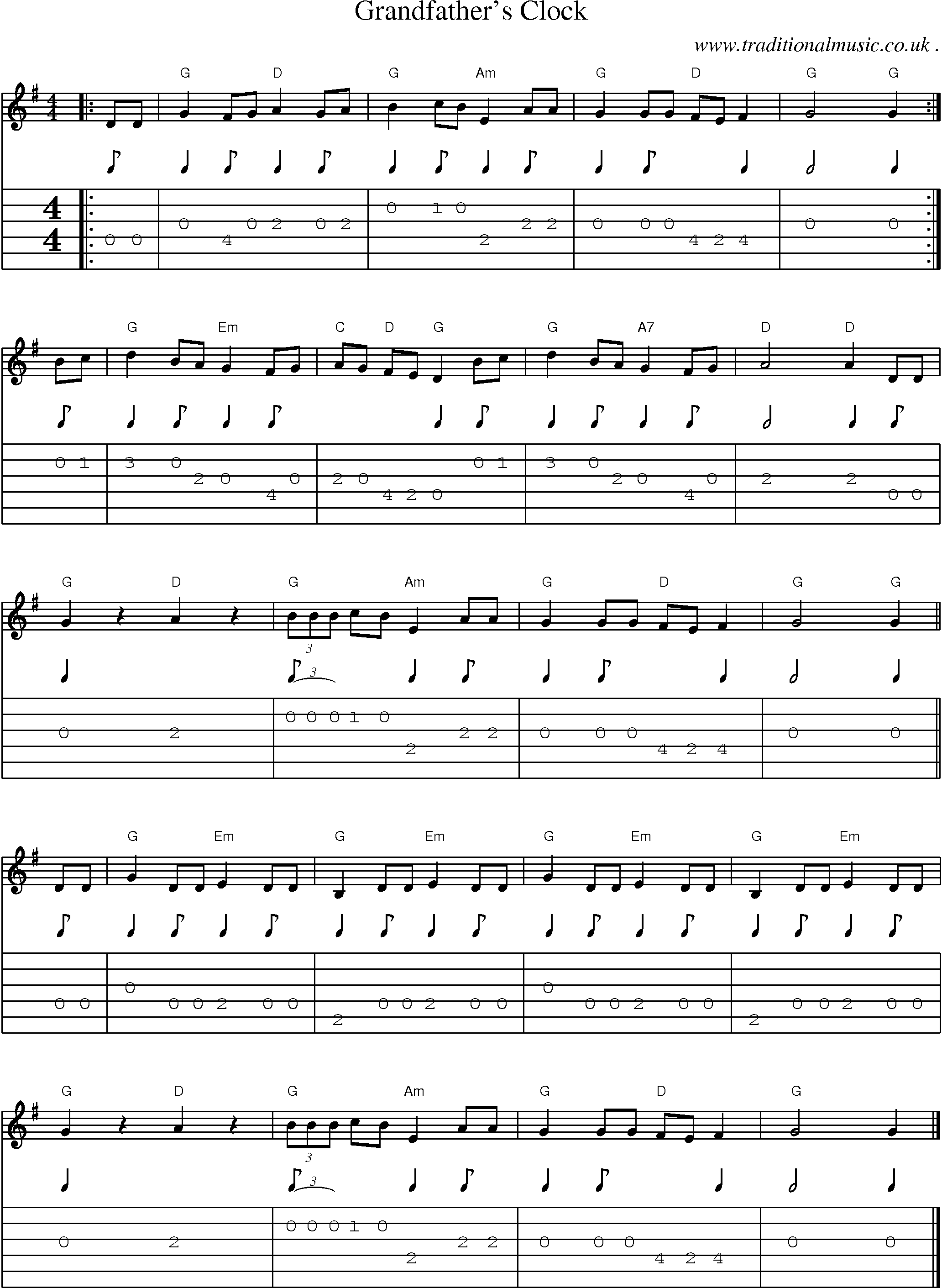 Music Score and Guitar Tabs for Grandfathers Clock1