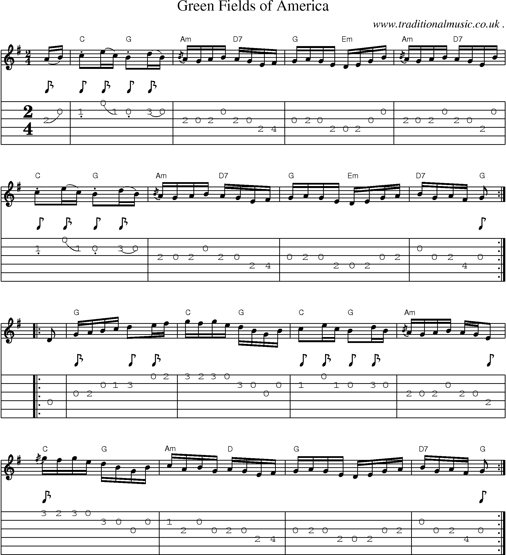 Music Score and Guitar Tabs for Green Fields Of America