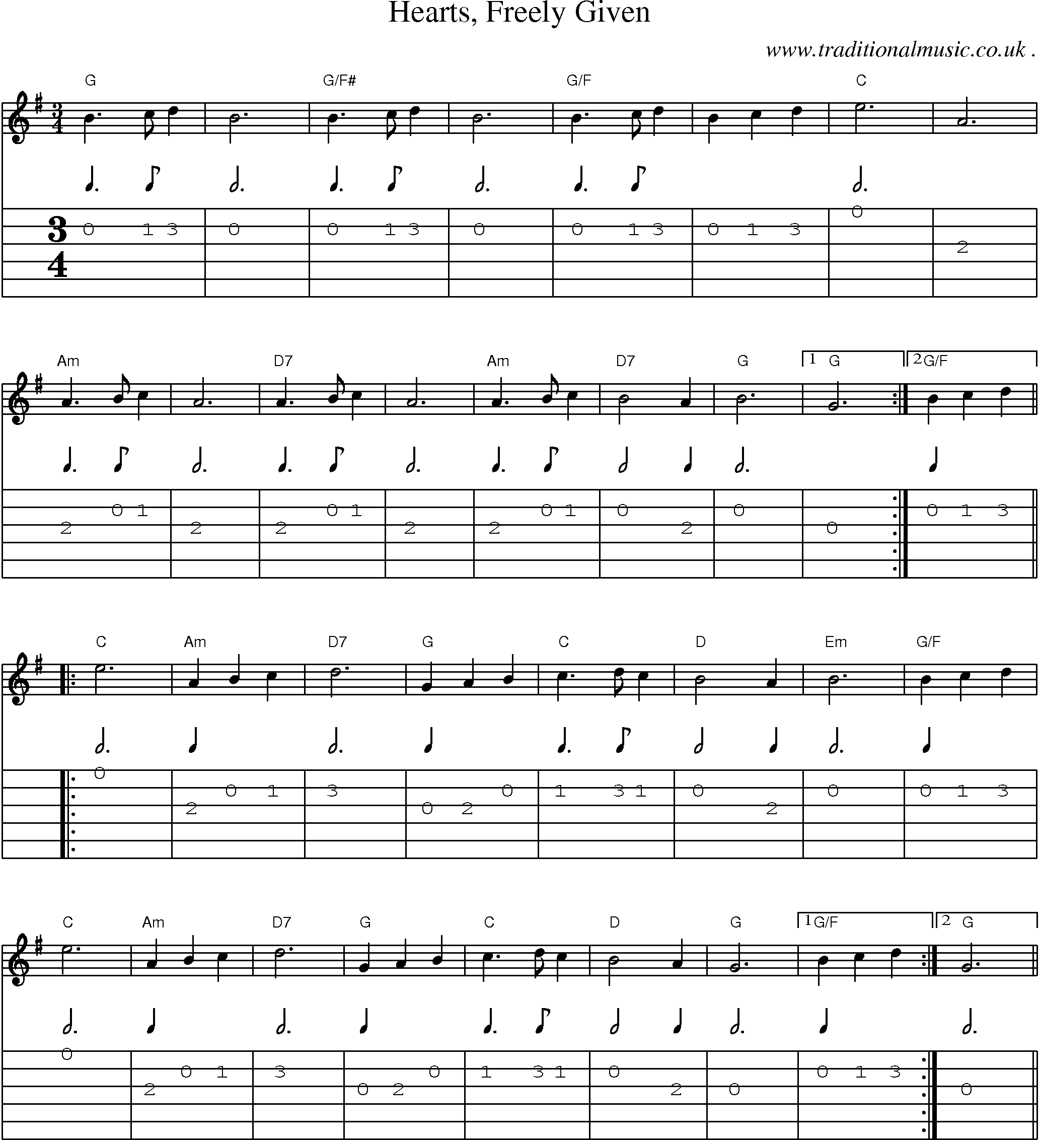 Music Score and Guitar Tabs for Hearts Freely Given