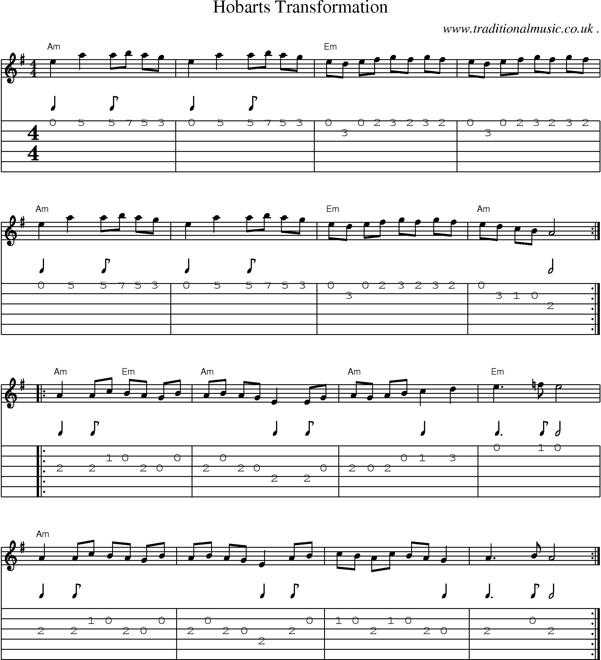 Music Score and Guitar Tabs for Hobarts Transformation