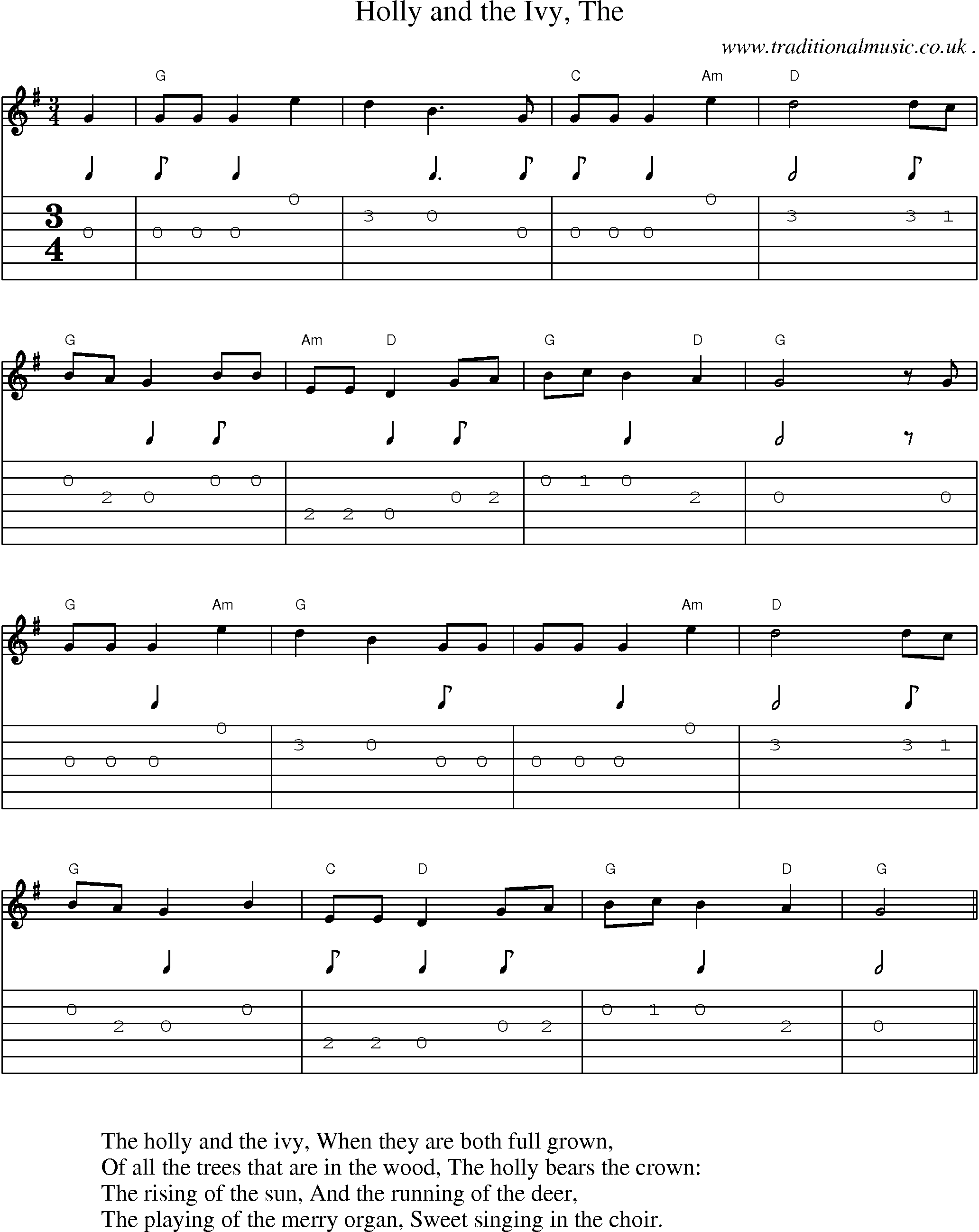 Music Score and Guitar Tabs for Holly and the Ivy The
