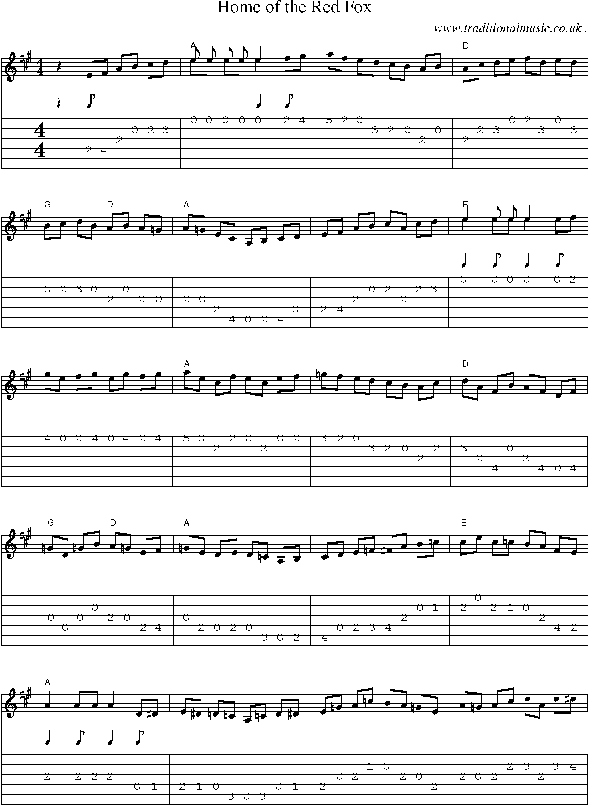 Music Score and Guitar Tabs for Home Of The Red Fox
