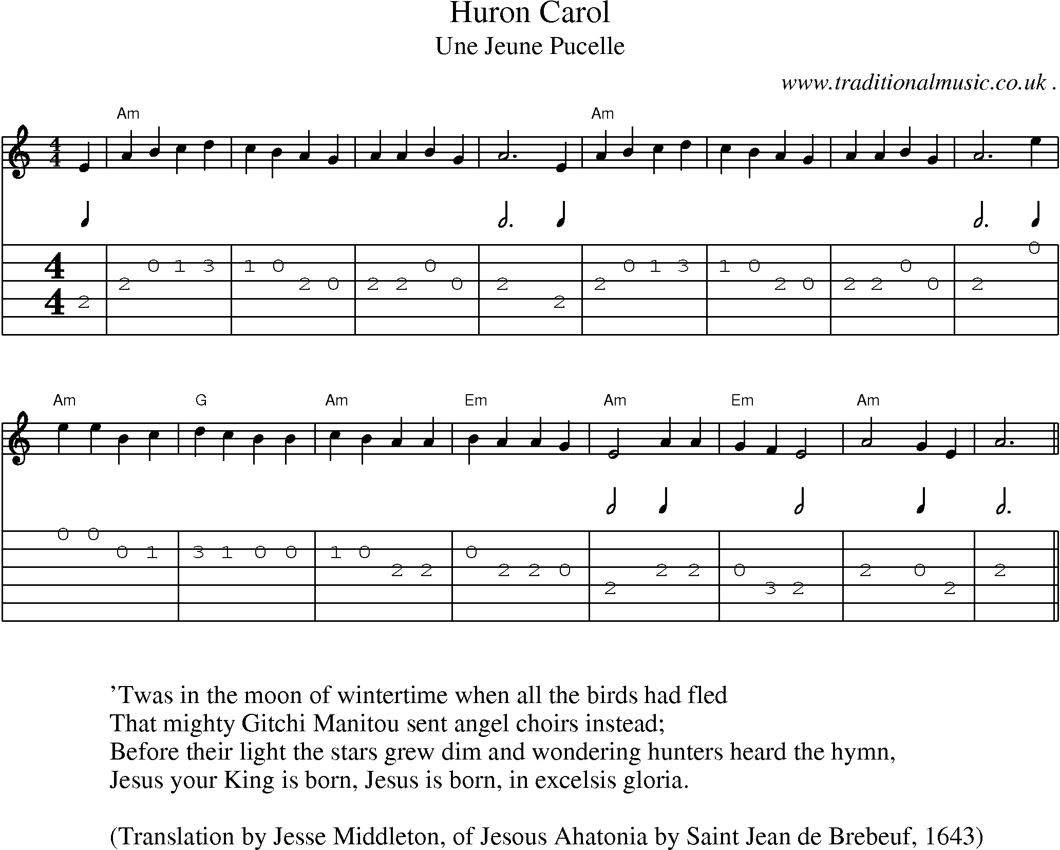 Music Score and Guitar Tabs for Huron Carol